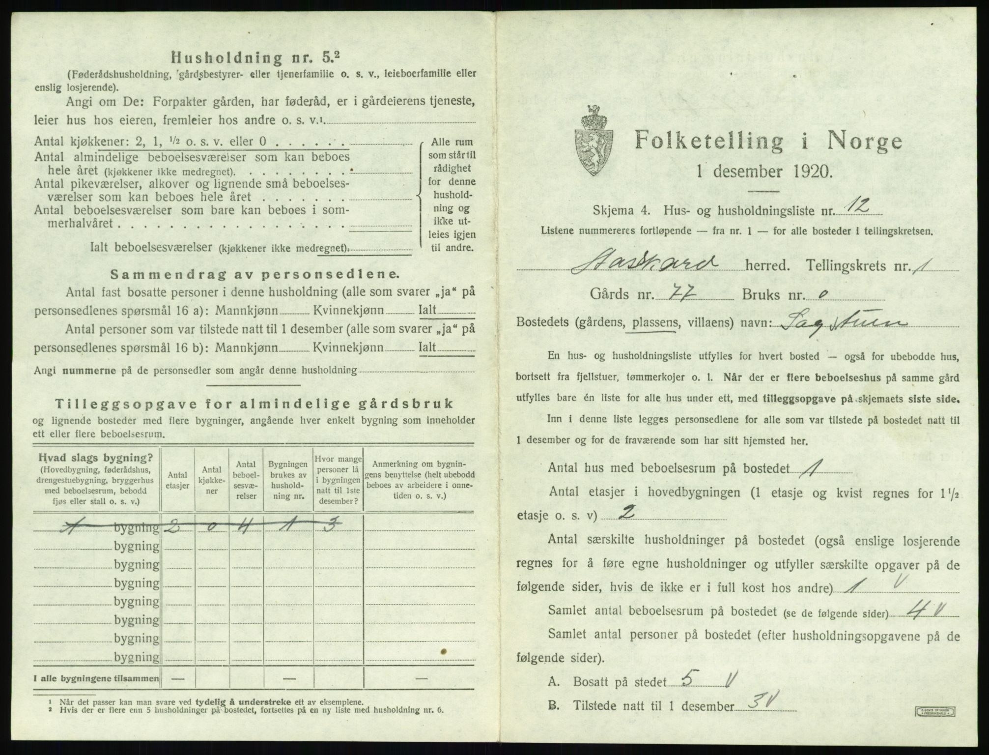 SAT, 1920 census for Åsskard, 1920, p. 43