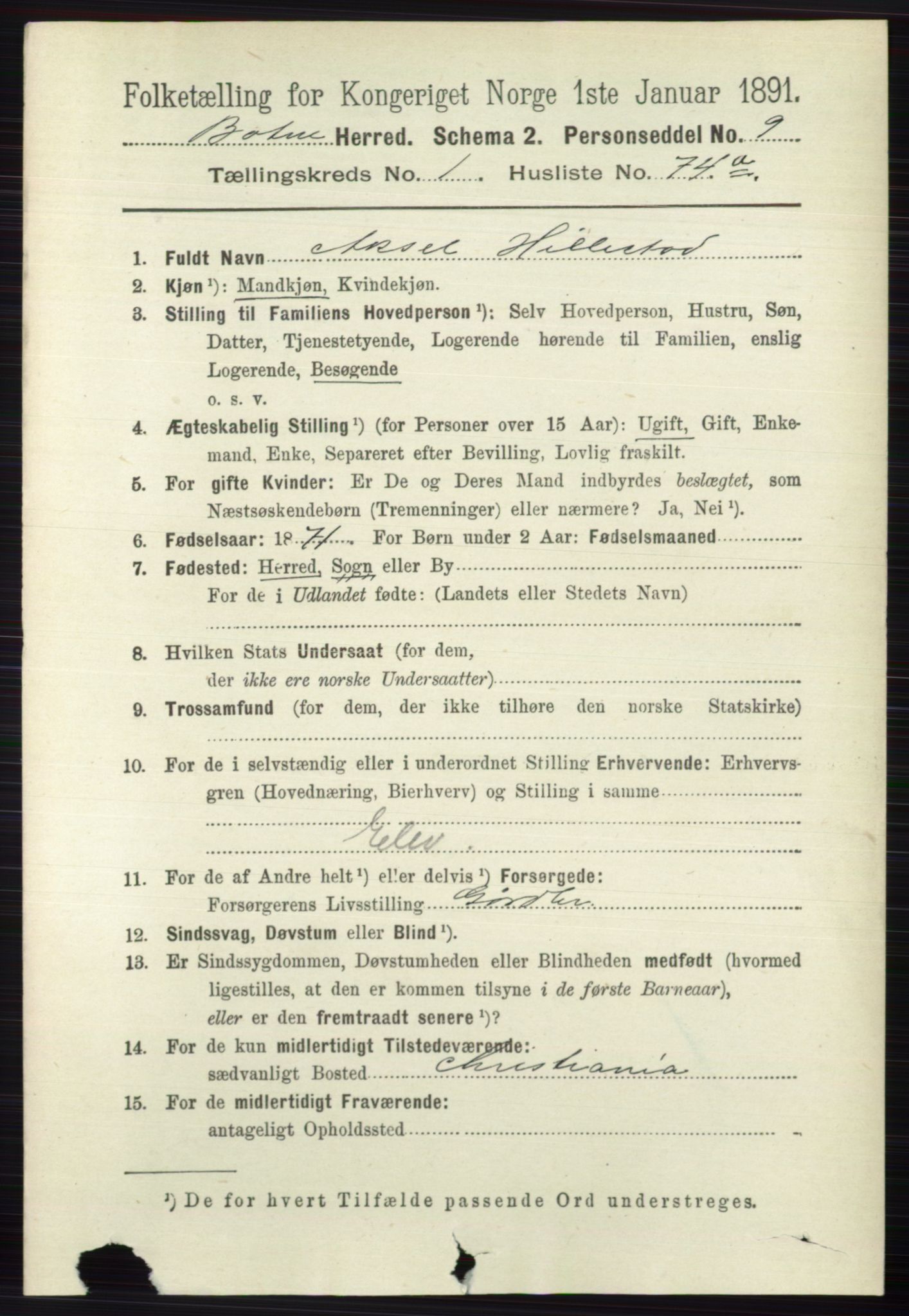 RA, 1891 census for 0715 Botne, 1891, p. 580