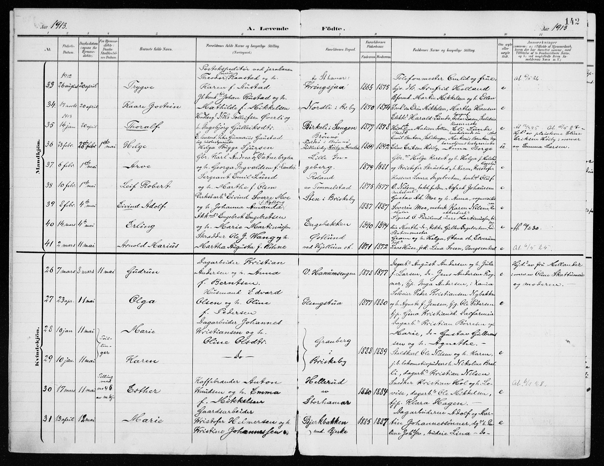 Vang prestekontor, Hedmark, AV/SAH-PREST-008/H/Ha/Haa/L0021: Parish register (official) no. 21, 1902-1917, p. 142
