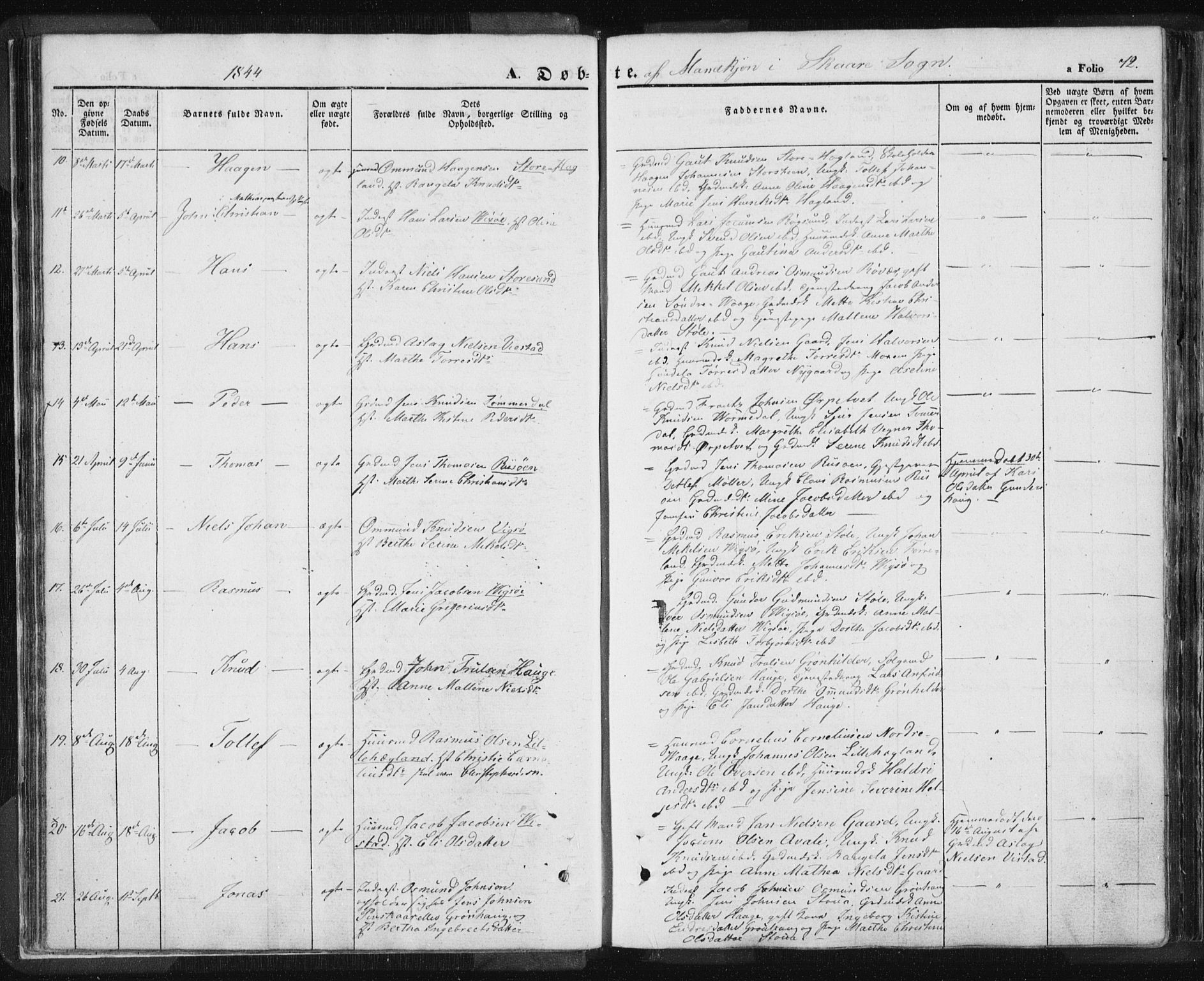 Torvastad sokneprestkontor, SAST/A -101857/H/Ha/Haa/L0006: Parish register (official) no. A 6, 1836-1847, p. 72