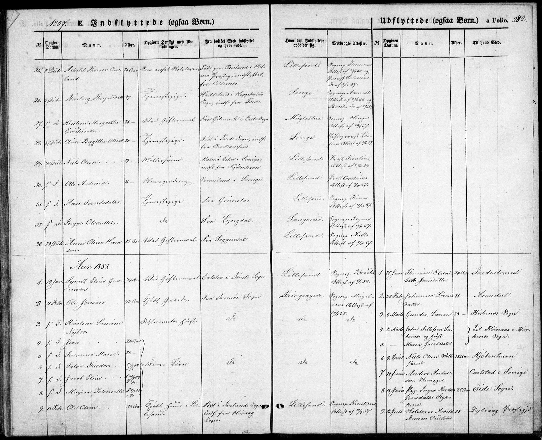 Vestre Moland sokneprestkontor, SAK/1111-0046/F/Fb/Fbb/L0003: Parish register (copy) no. B 3, 1851-1861, p. 282