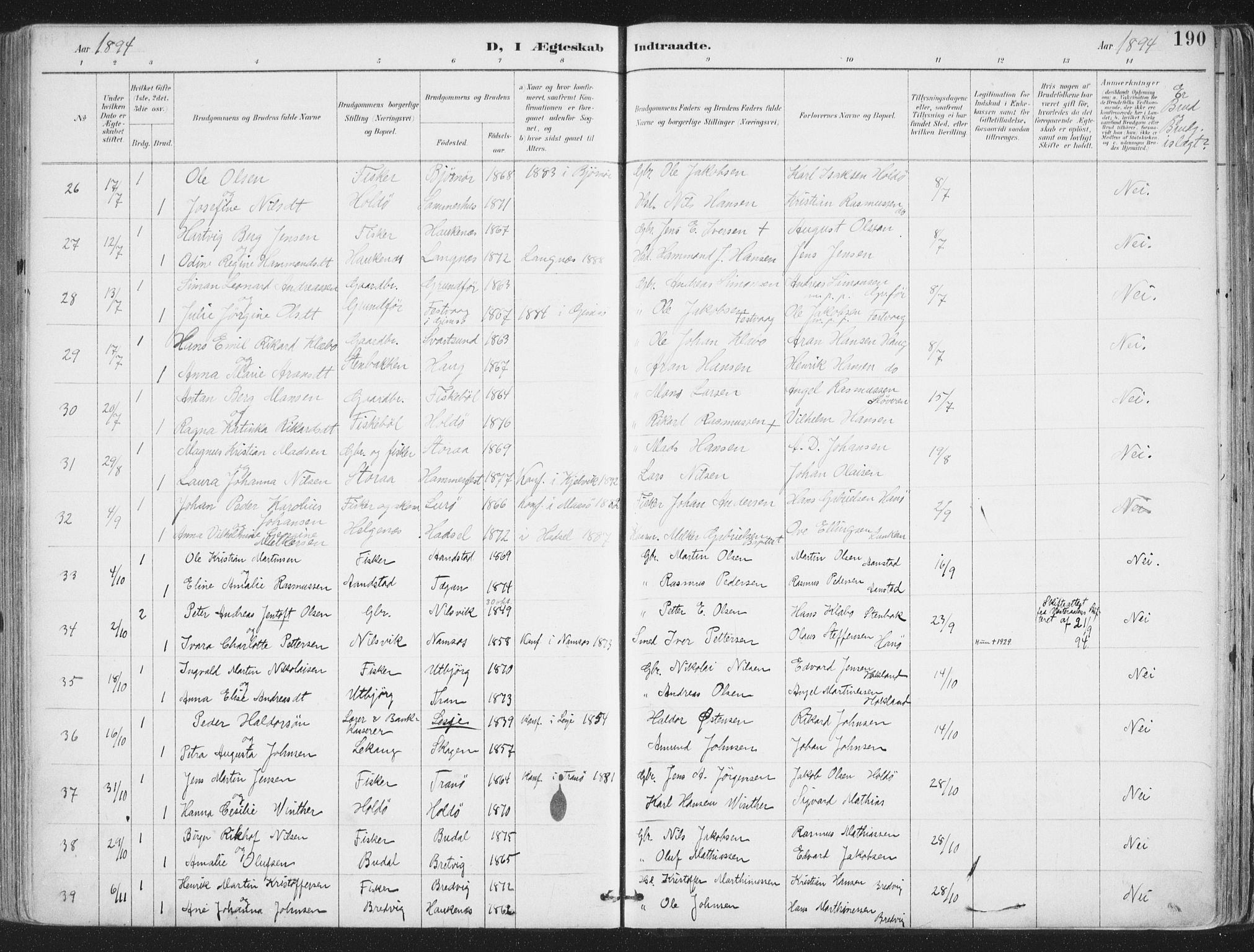 Ministerialprotokoller, klokkerbøker og fødselsregistre - Nordland, SAT/A-1459/888/L1246: Parish register (official) no. 888A12, 1891-1903, p. 190