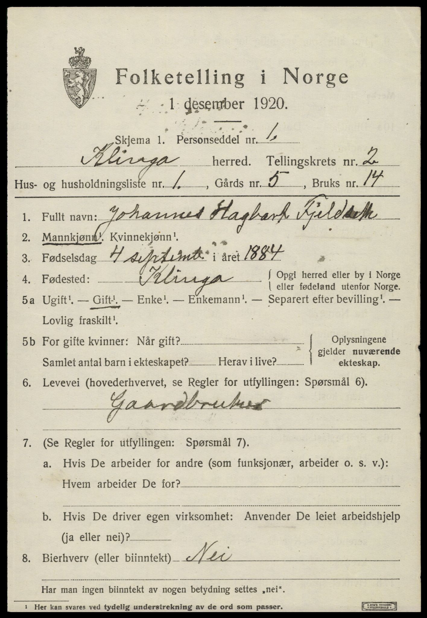 SAT, 1920 census for Klinga, 1920, p. 1401