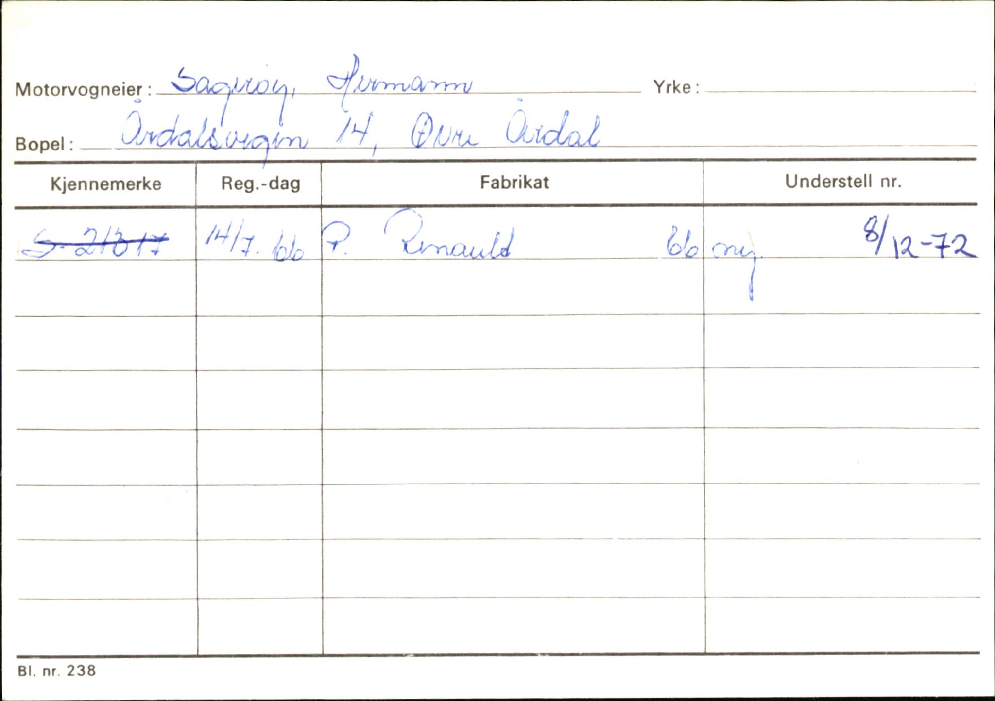 Statens vegvesen, Sogn og Fjordane vegkontor, SAB/A-5301/4/F/L0146: Registerkort Årdal R-Å samt diverse kort, 1945-1975, p. 176