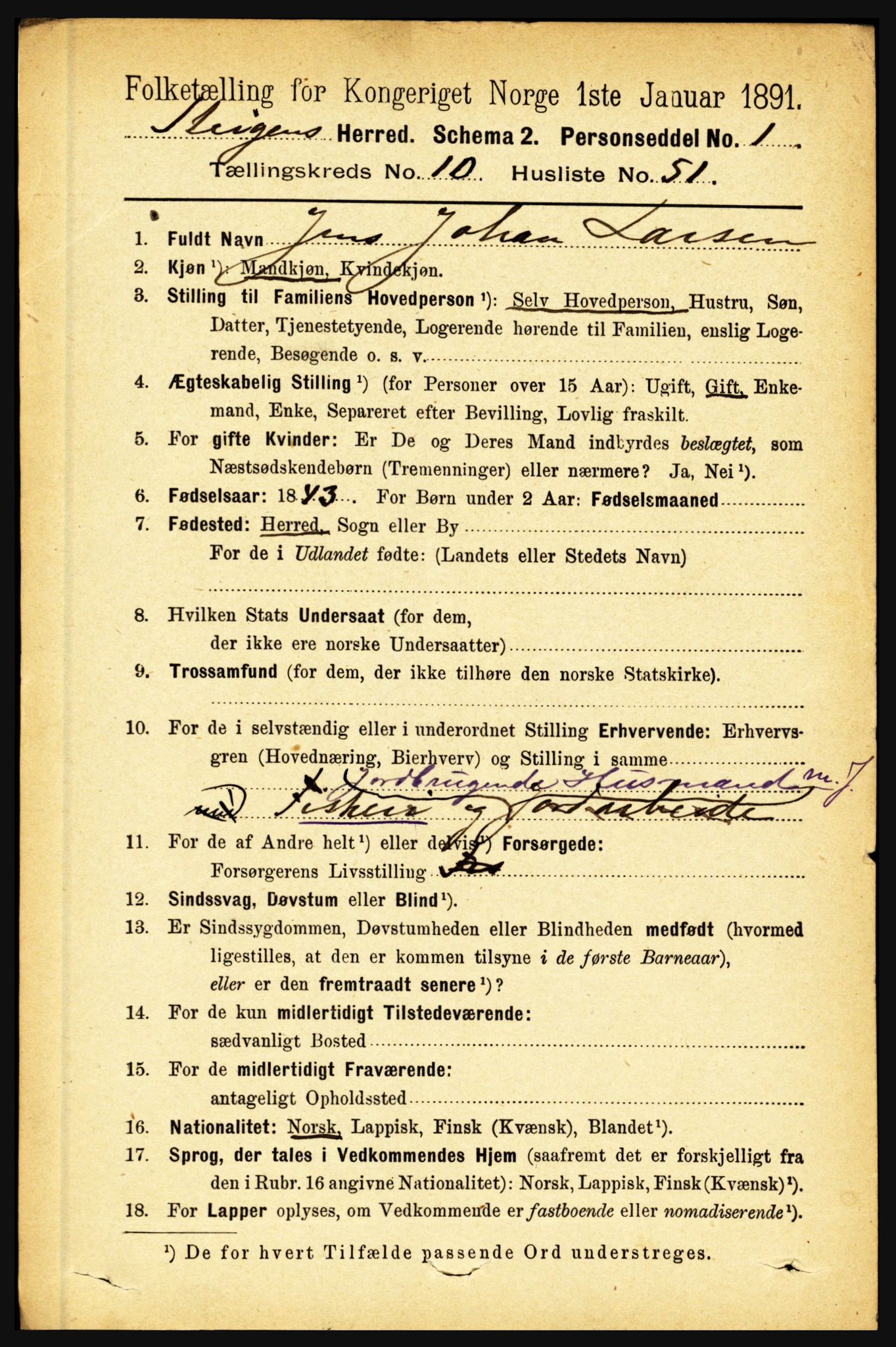 RA, 1891 census for 1848 Steigen, 1891, p. 3726