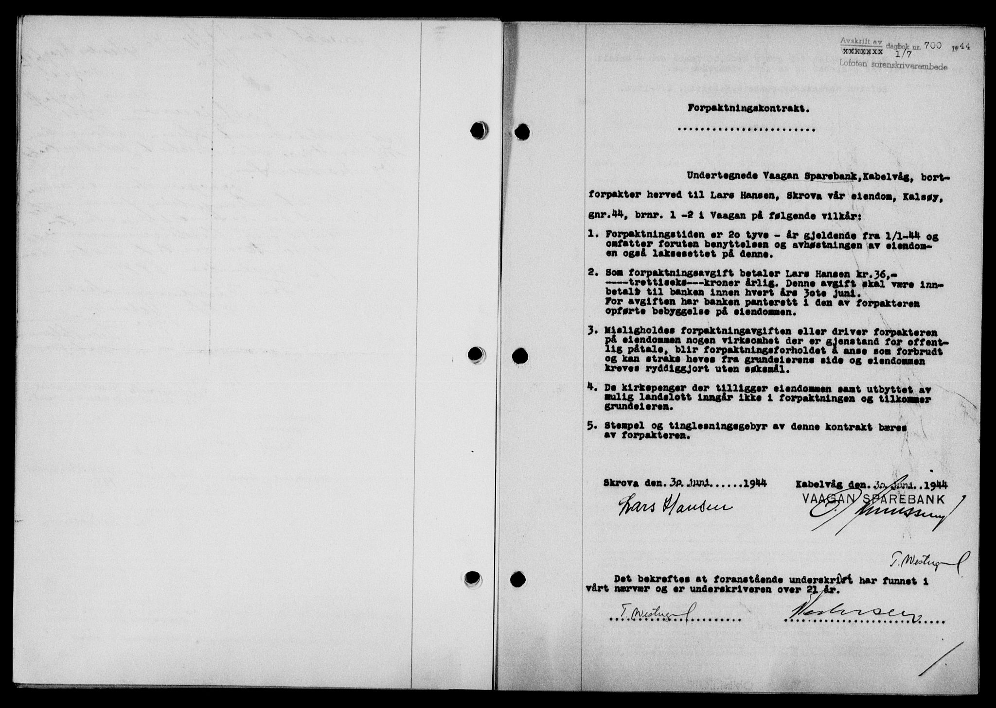 Lofoten sorenskriveri, SAT/A-0017/1/2/2C/L0012a: Mortgage book no. 12a, 1943-1944, Diary no: : 700/1944