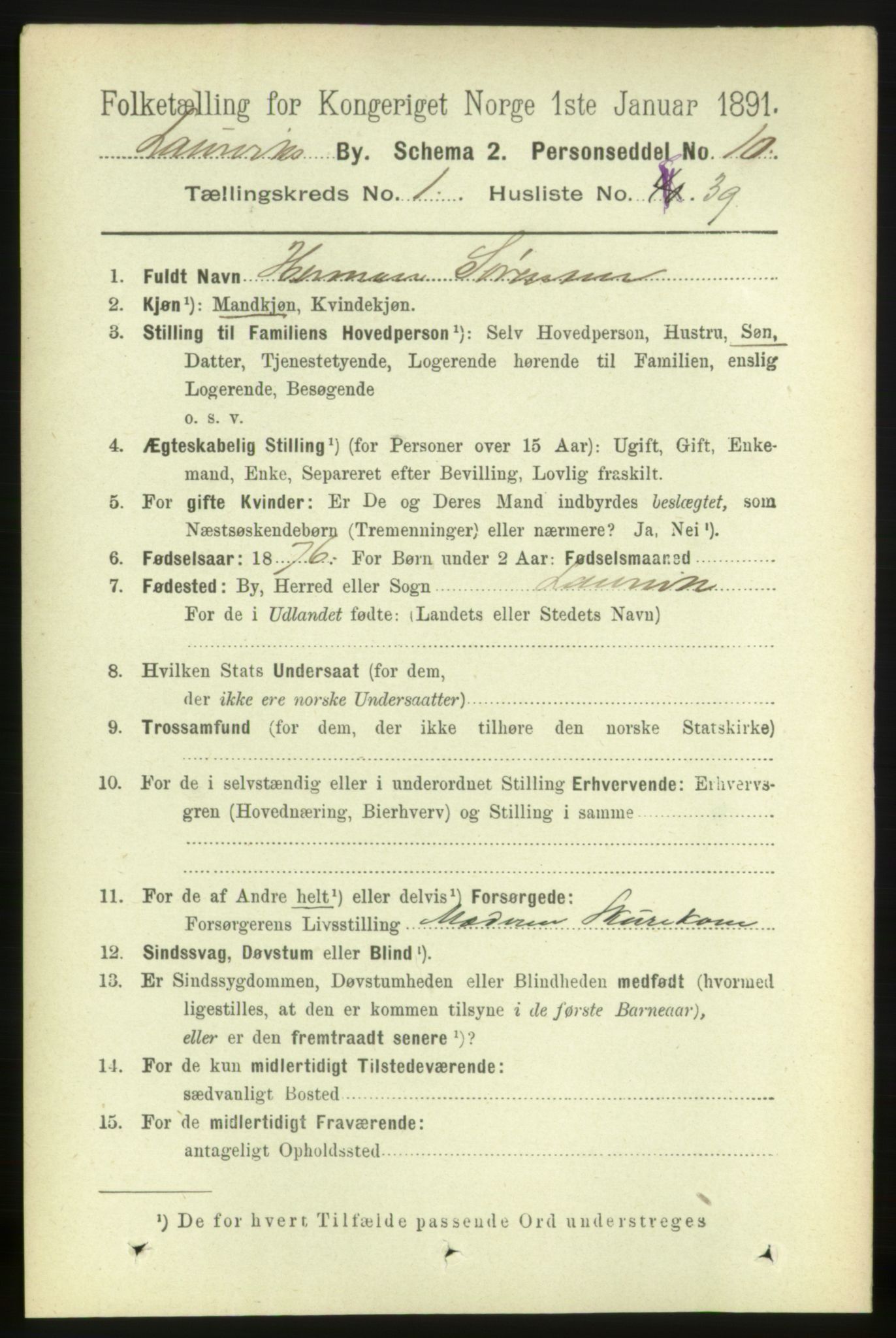 RA, 1891 census for 0707 Larvik, 1891, p. 2728