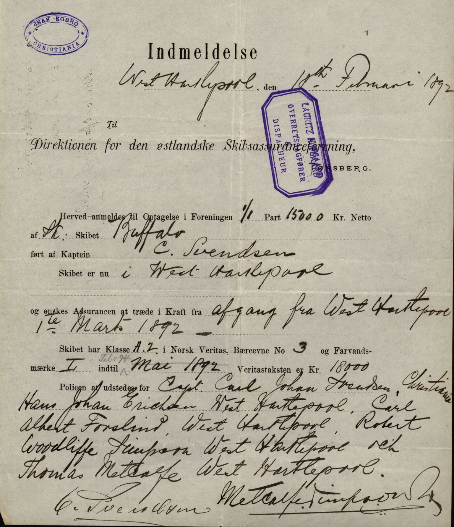 Pa 63 - Østlandske skibsassuranceforening, VEMU/A-1079/G/Ga/L0029/0009: Havaridokumenter / Anette, Agathe, Agra, Buffalo, 1893, p. 78