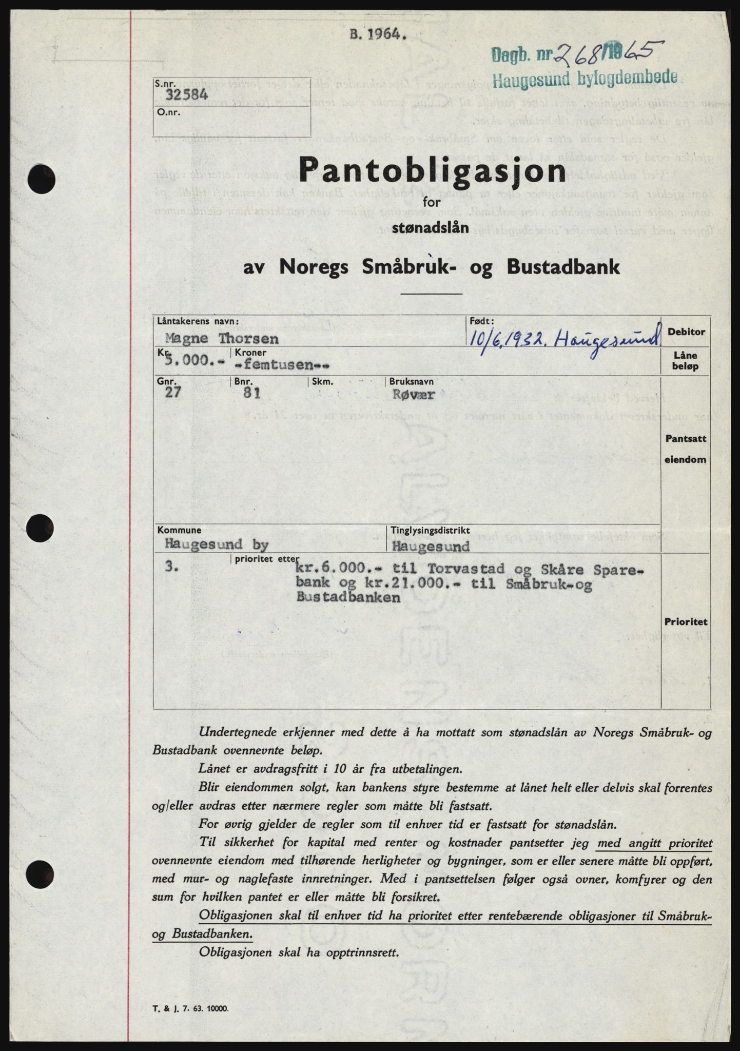 Haugesund tingrett, SAST/A-101415/01/II/IIC/L0053: Mortgage book no. B 53, 1965-1965, Diary no: : 268/1965