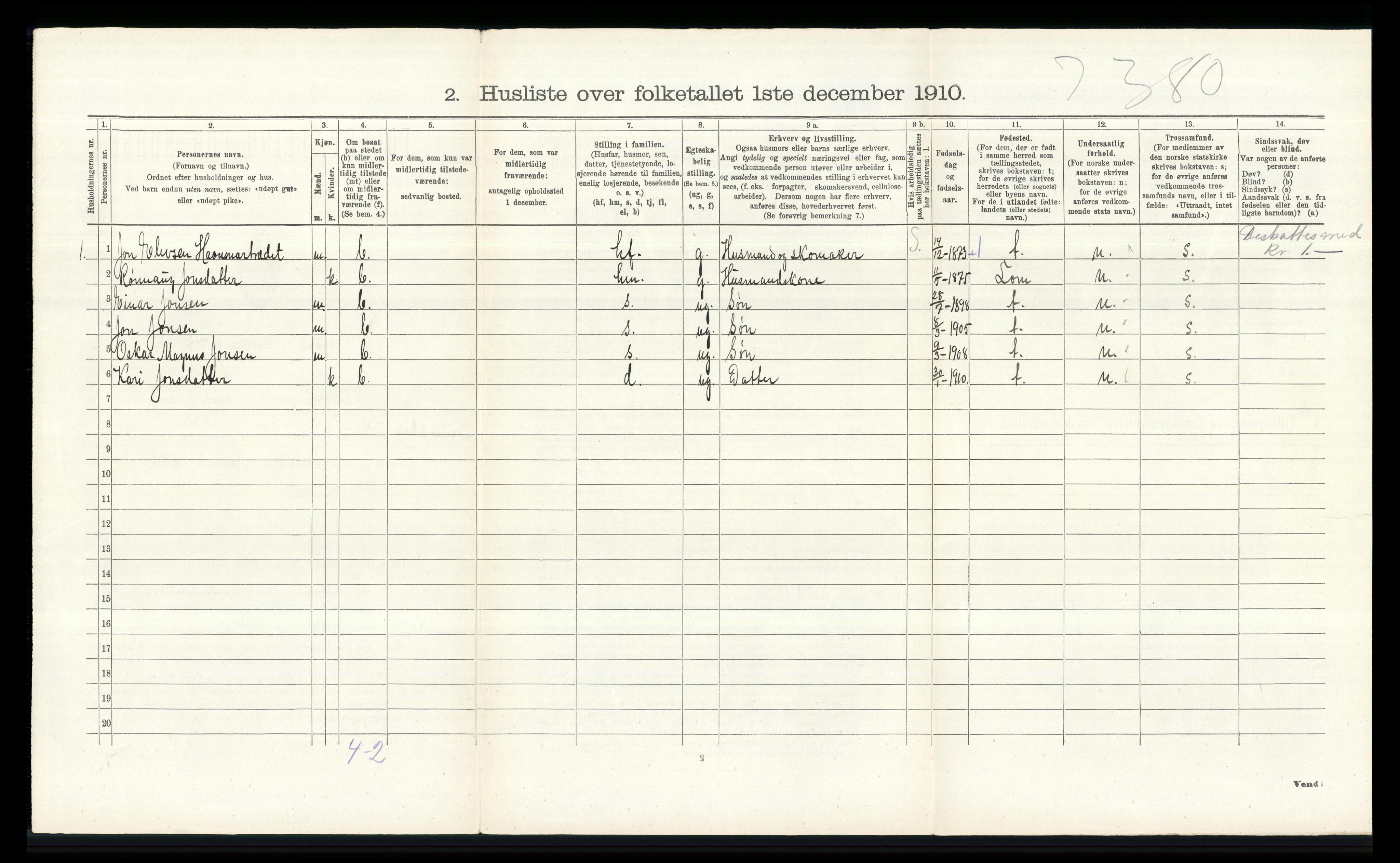 RA, 1910 census for Skjåk, 1910, p. 305