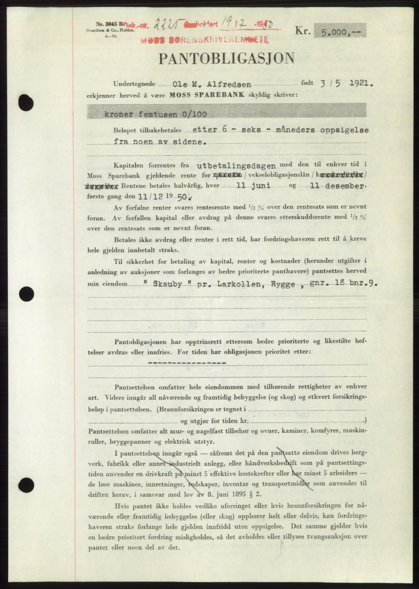 Moss sorenskriveri, AV/SAO-A-10168: Mortgage book no. B24, 1950-1950, Diary no: : 2225/1950