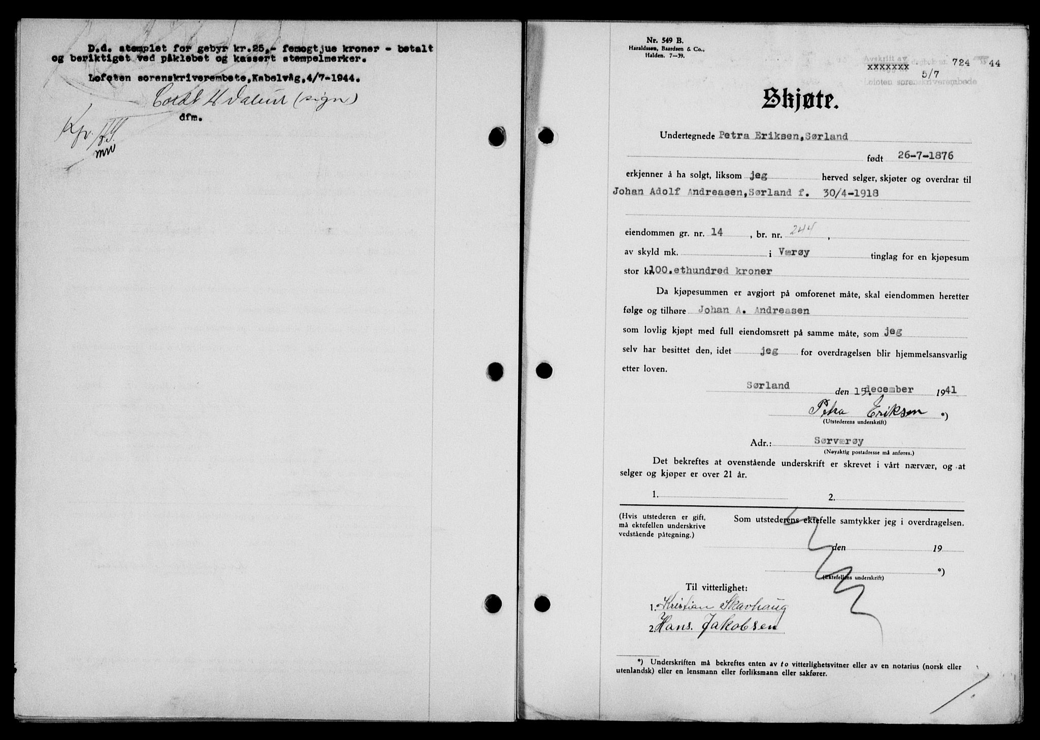 Lofoten sorenskriveri, SAT/A-0017/1/2/2C/L0012a: Mortgage book no. 12a, 1943-1944, Diary no: : 724/1944