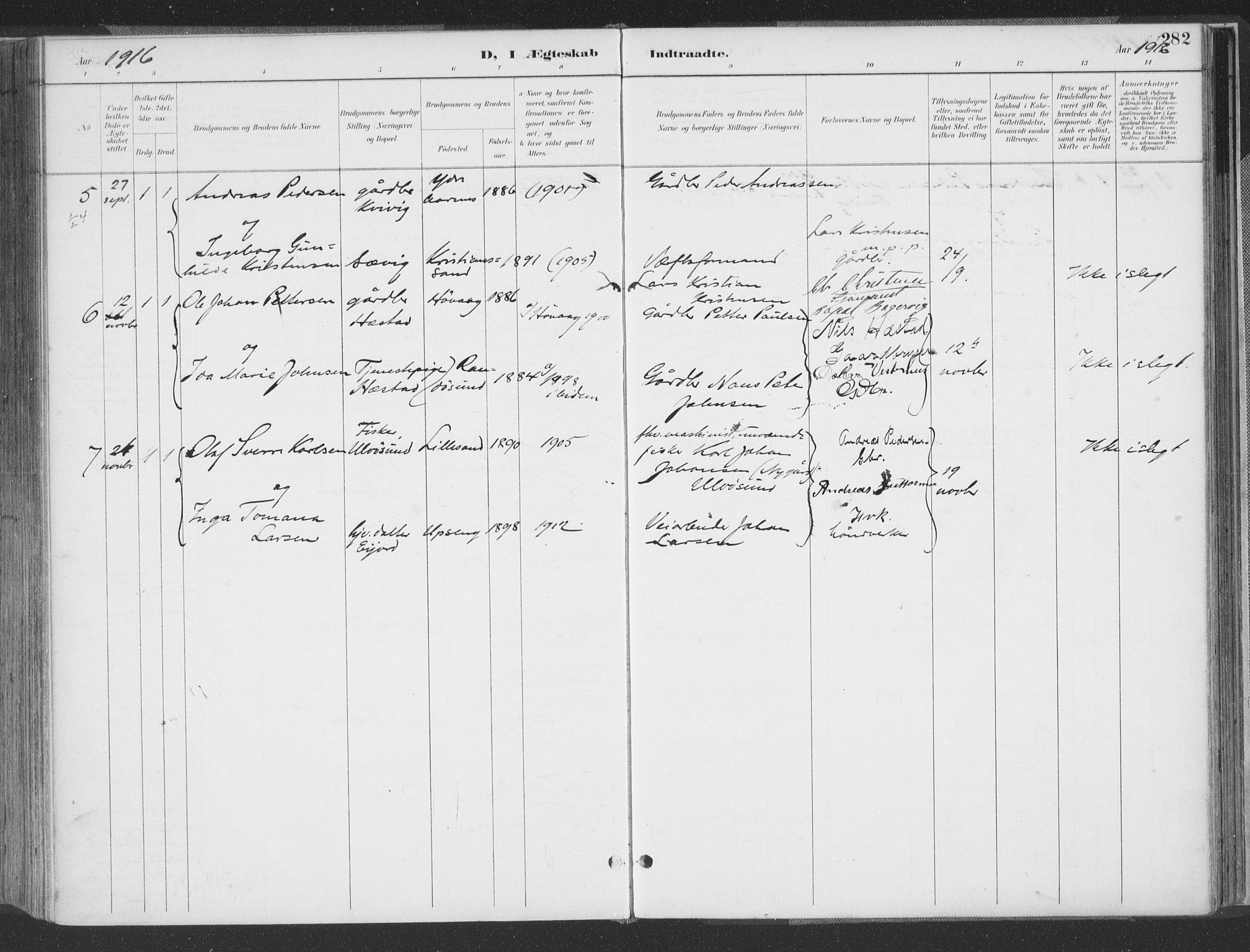 Høvåg sokneprestkontor, AV/SAK-1111-0025/F/Fa/L0006: Parish register (official) no. A 6, 1894-1923, p. 282