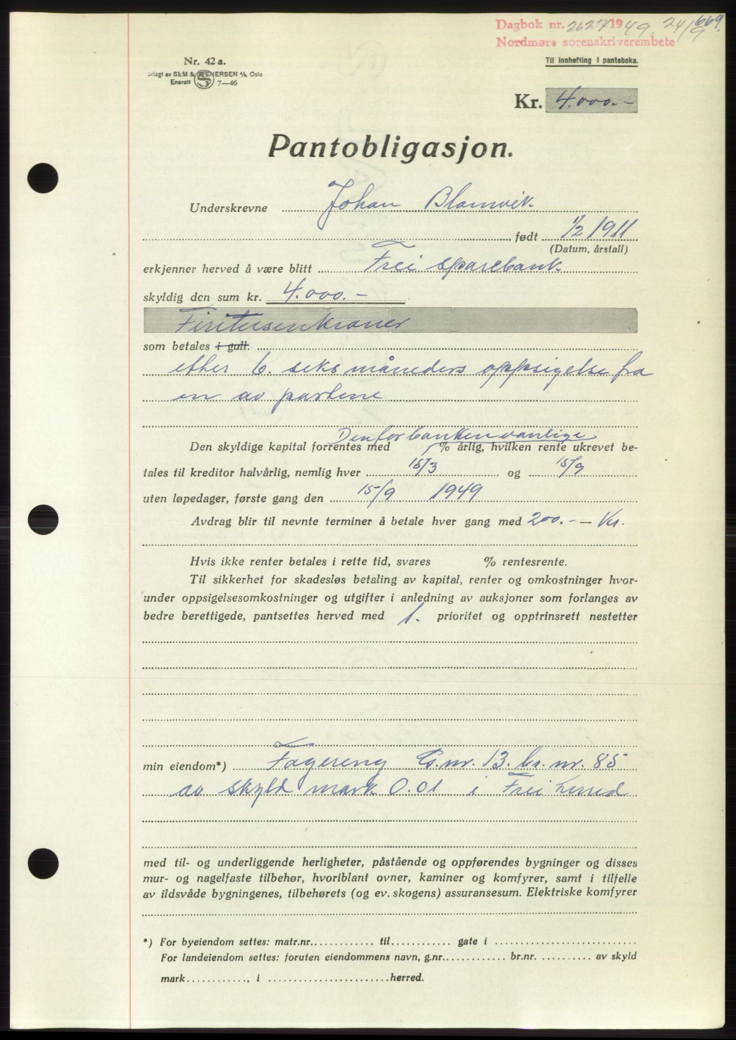 Nordmøre sorenskriveri, AV/SAT-A-4132/1/2/2Ca: Mortgage book no. B102, 1949-1949, Diary no: : 2627/1949