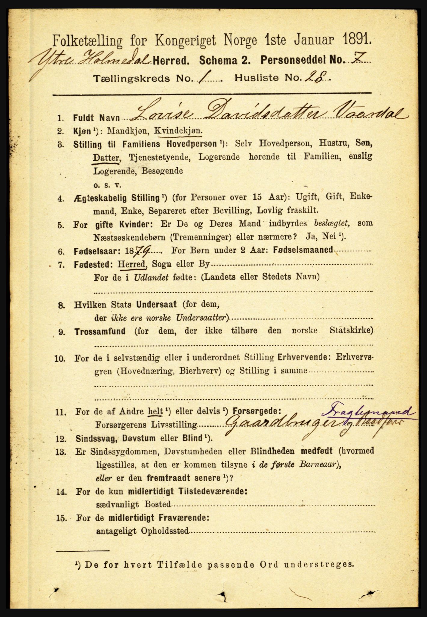 RA, 1891 census for 1429 Ytre Holmedal, 1891, p. 232