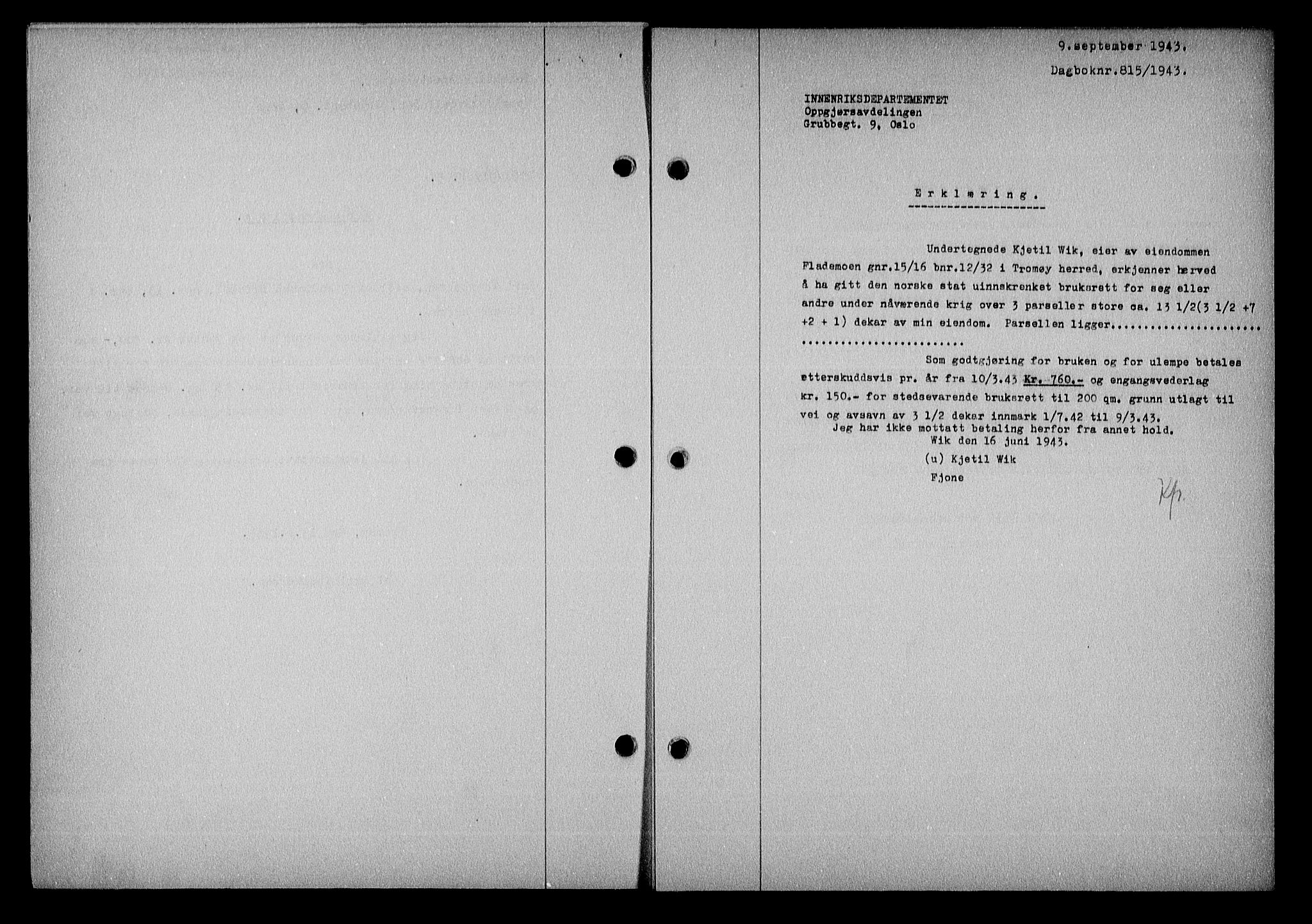 Nedenes sorenskriveri, SAK/1221-0006/G/Gb/Gba/L0051: Mortgage book no. A-V, 1943-1944, Diary no: : 815/1943
