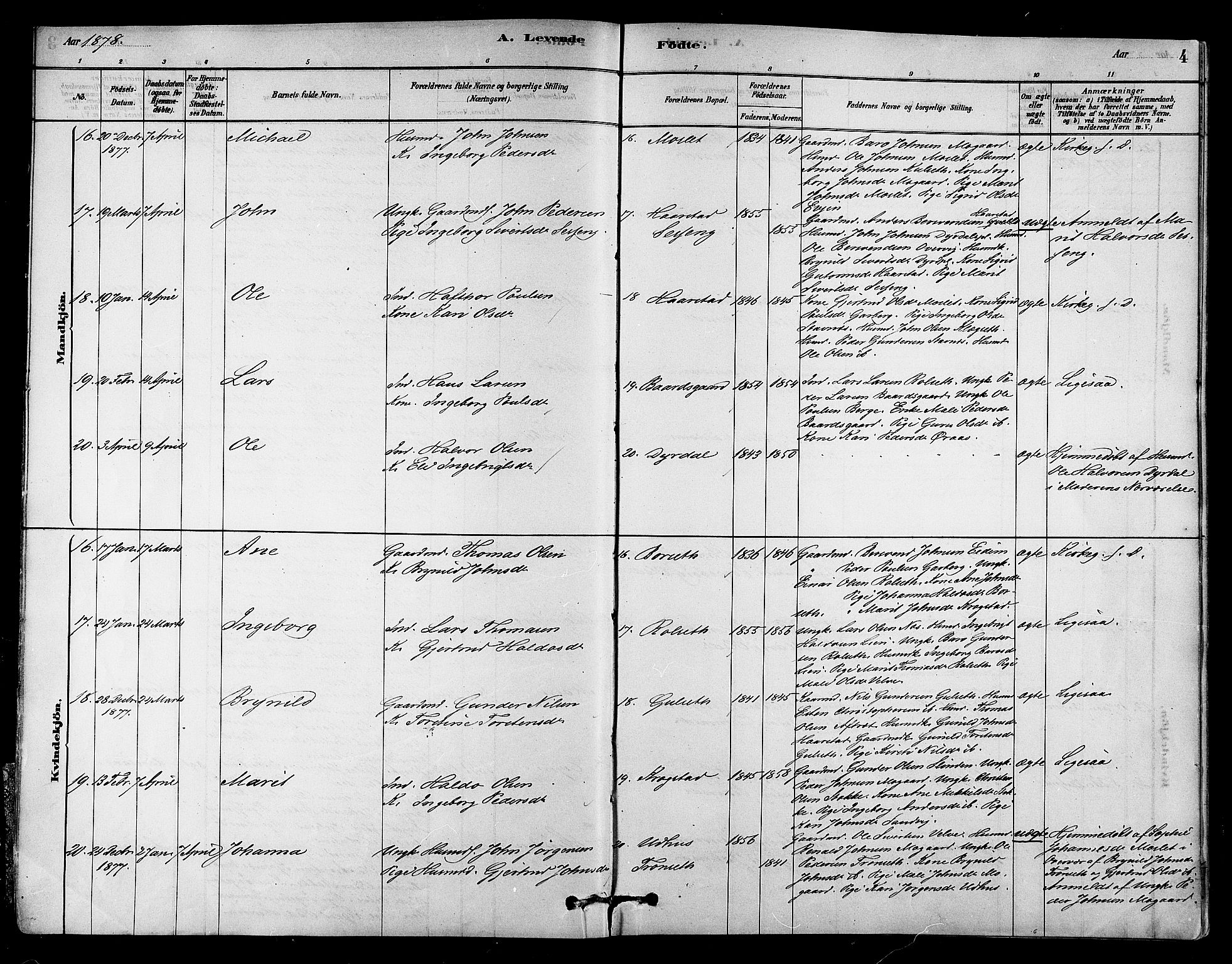 Ministerialprotokoller, klokkerbøker og fødselsregistre - Sør-Trøndelag, AV/SAT-A-1456/695/L1148: Parish register (official) no. 695A08, 1878-1891, p. 4