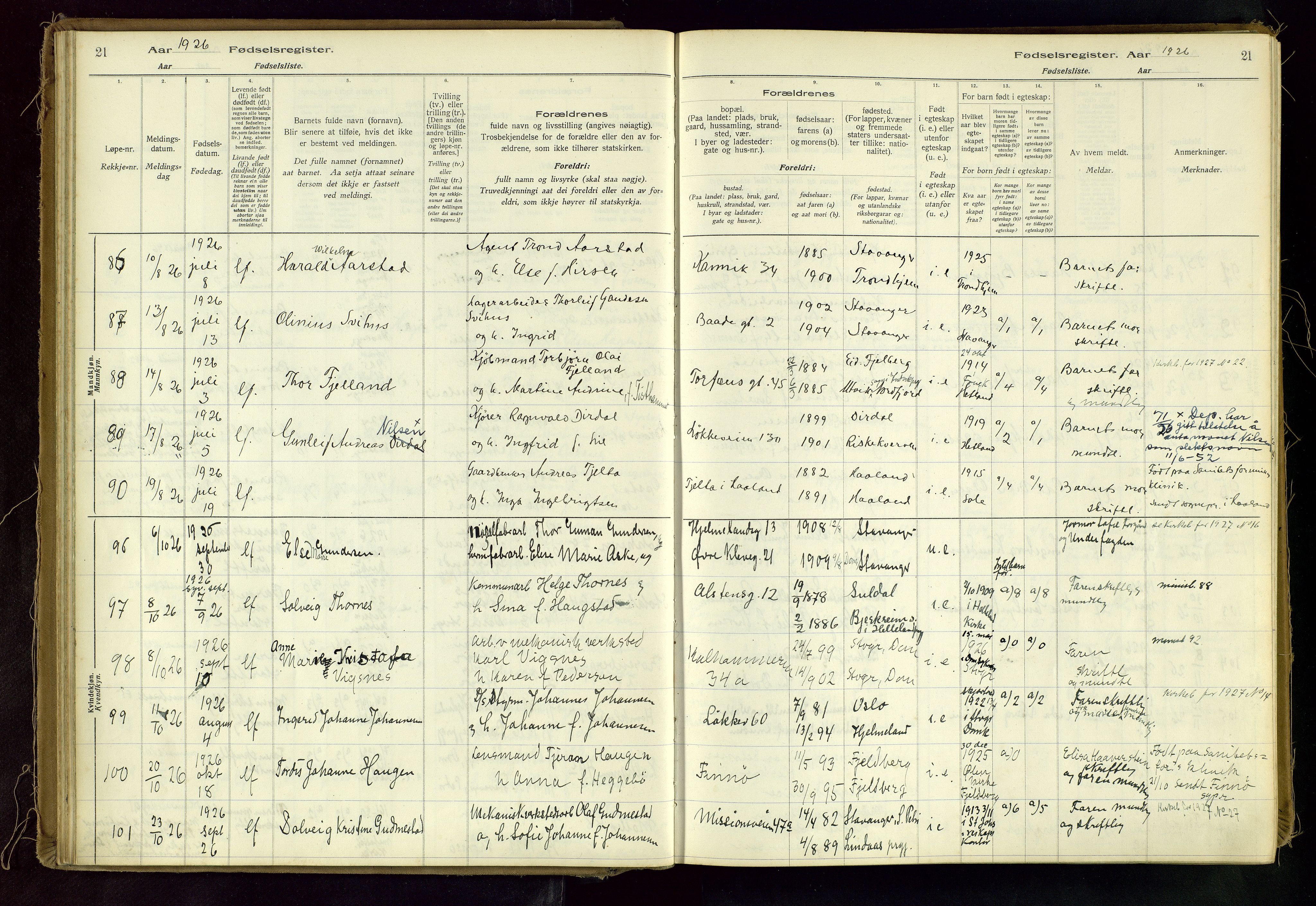 Domkirken sokneprestkontor, AV/SAST-A-101812/002/A/L0001: Birth register no. 1, 1925-1932, p. 21