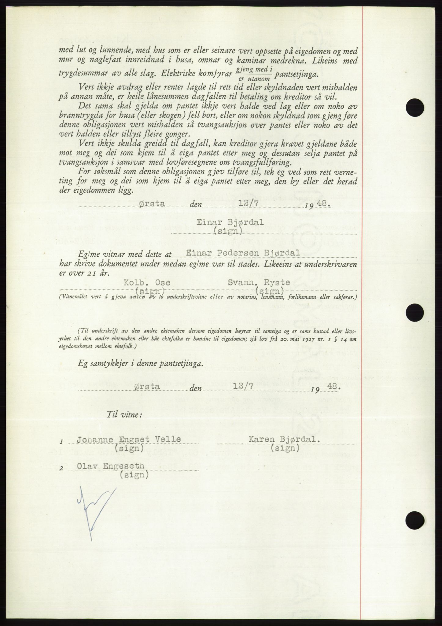 Søre Sunnmøre sorenskriveri, AV/SAT-A-4122/1/2/2C/L0116: Mortgage book no. 4B, 1948-1949, Diary no: : 953/1948