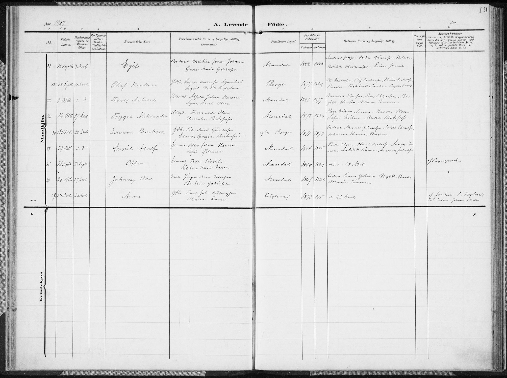 Mandal sokneprestkontor, AV/SAK-1111-0030/F/Fa/Faa/L0020: Parish register (official) no. A 20, 1906-1912, p. 19