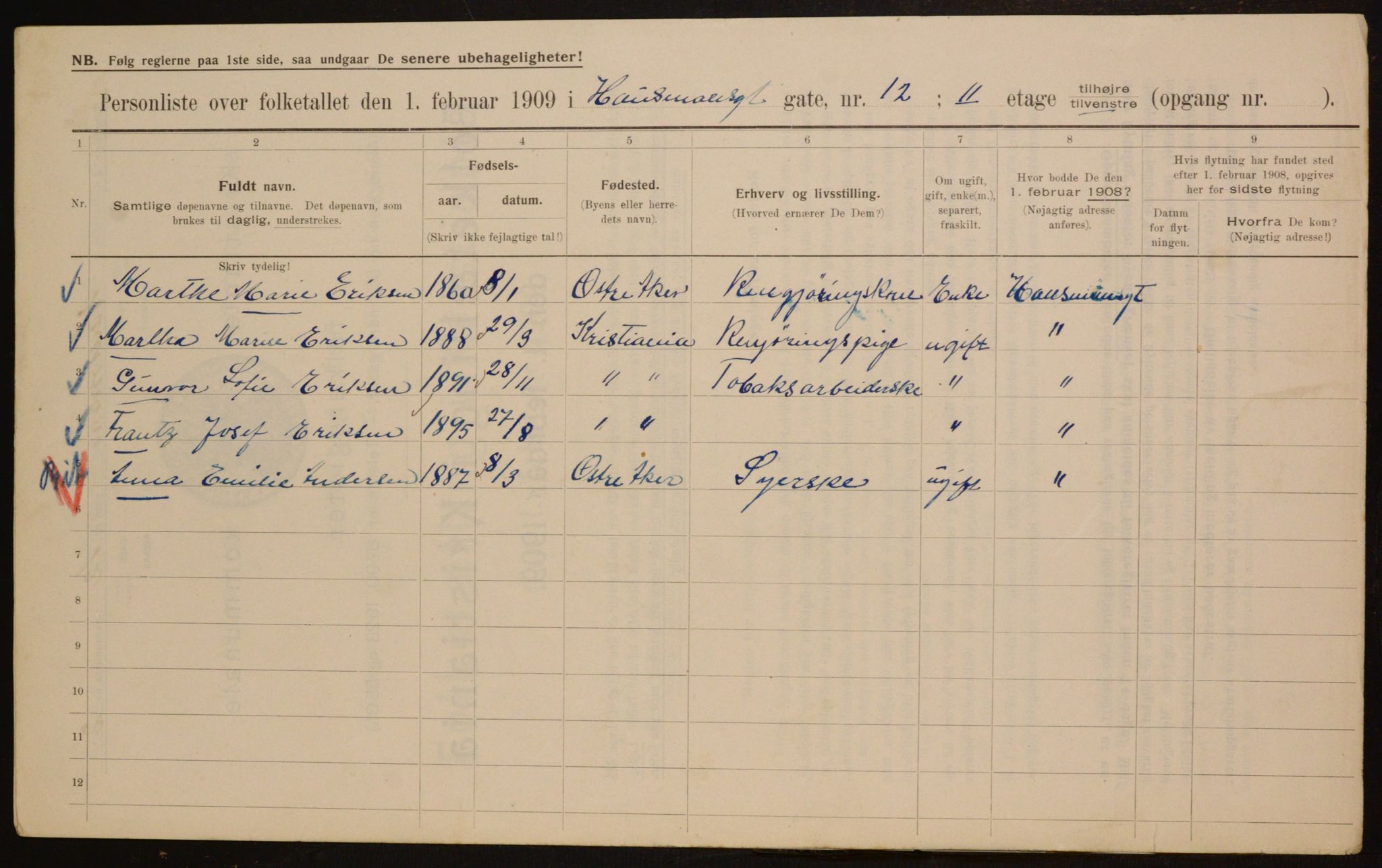 OBA, Municipal Census 1909 for Kristiania, 1909, p. 31900