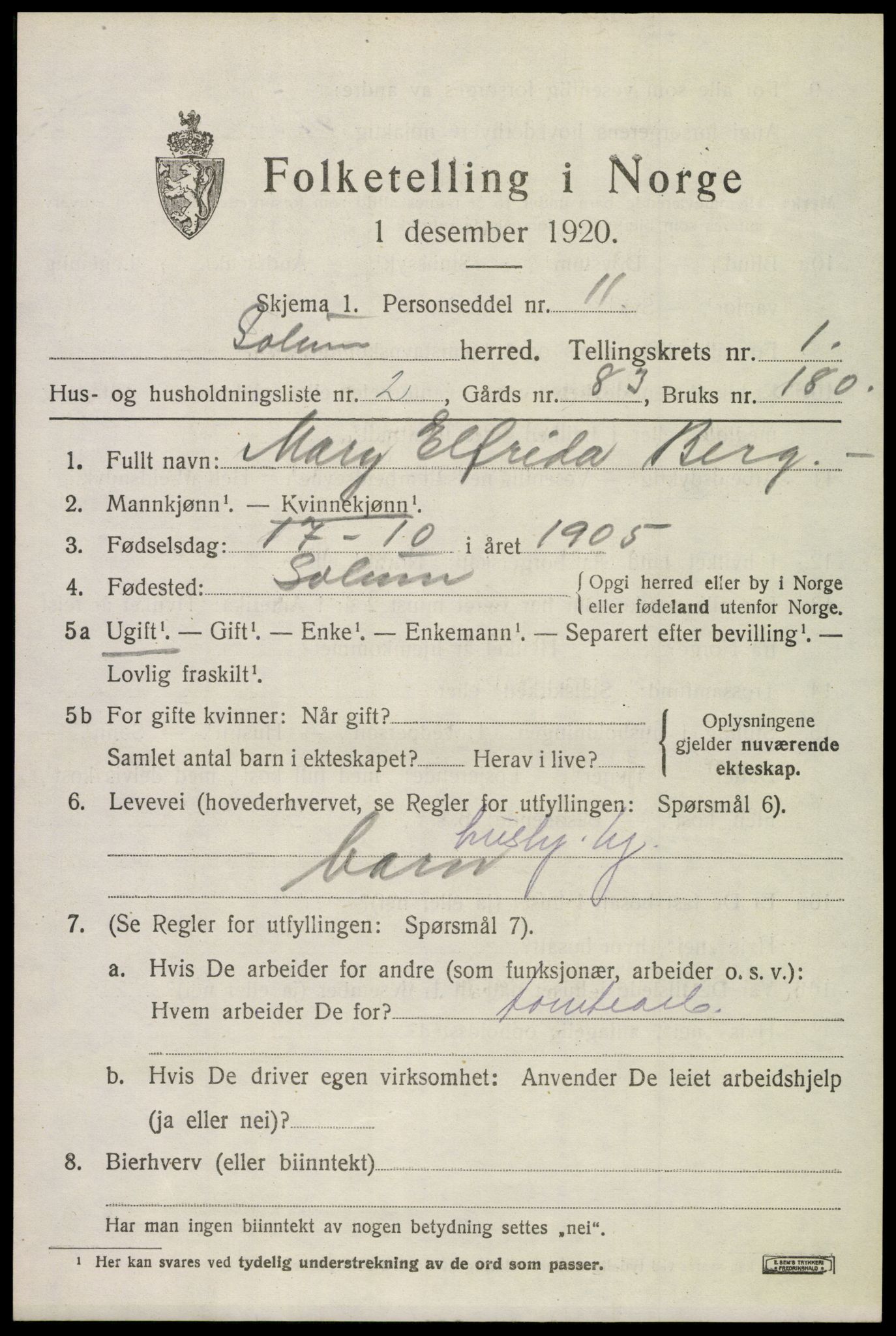 SAKO, 1920 census for Solum, 1920, p. 2276