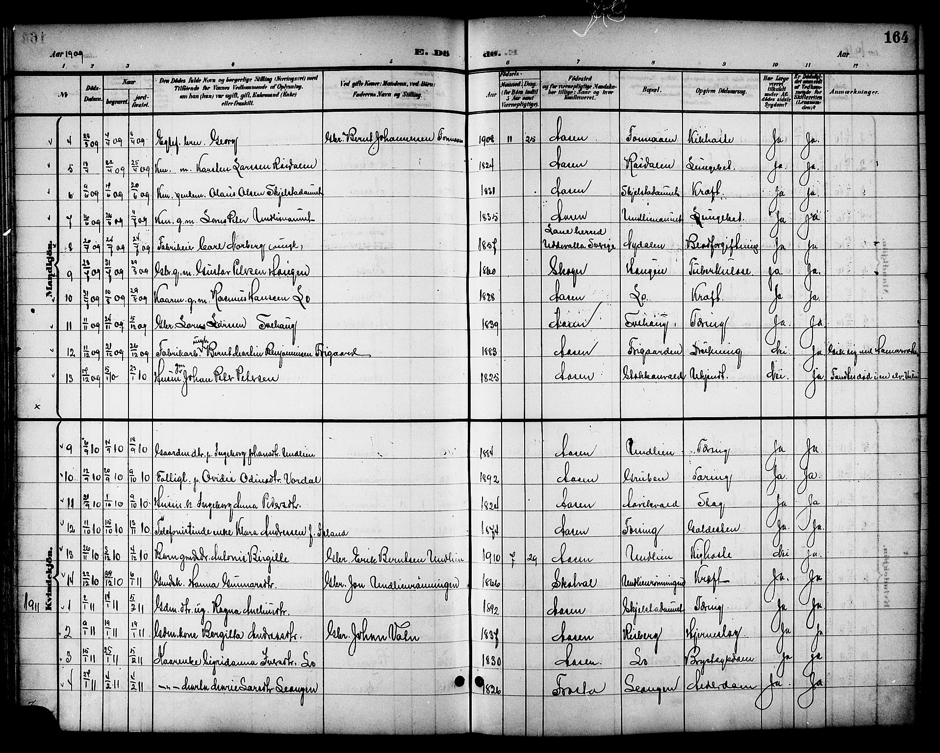 Ministerialprotokoller, klokkerbøker og fødselsregistre - Nord-Trøndelag, SAT/A-1458/714/L0135: Parish register (copy) no. 714C04, 1899-1918, p. 164