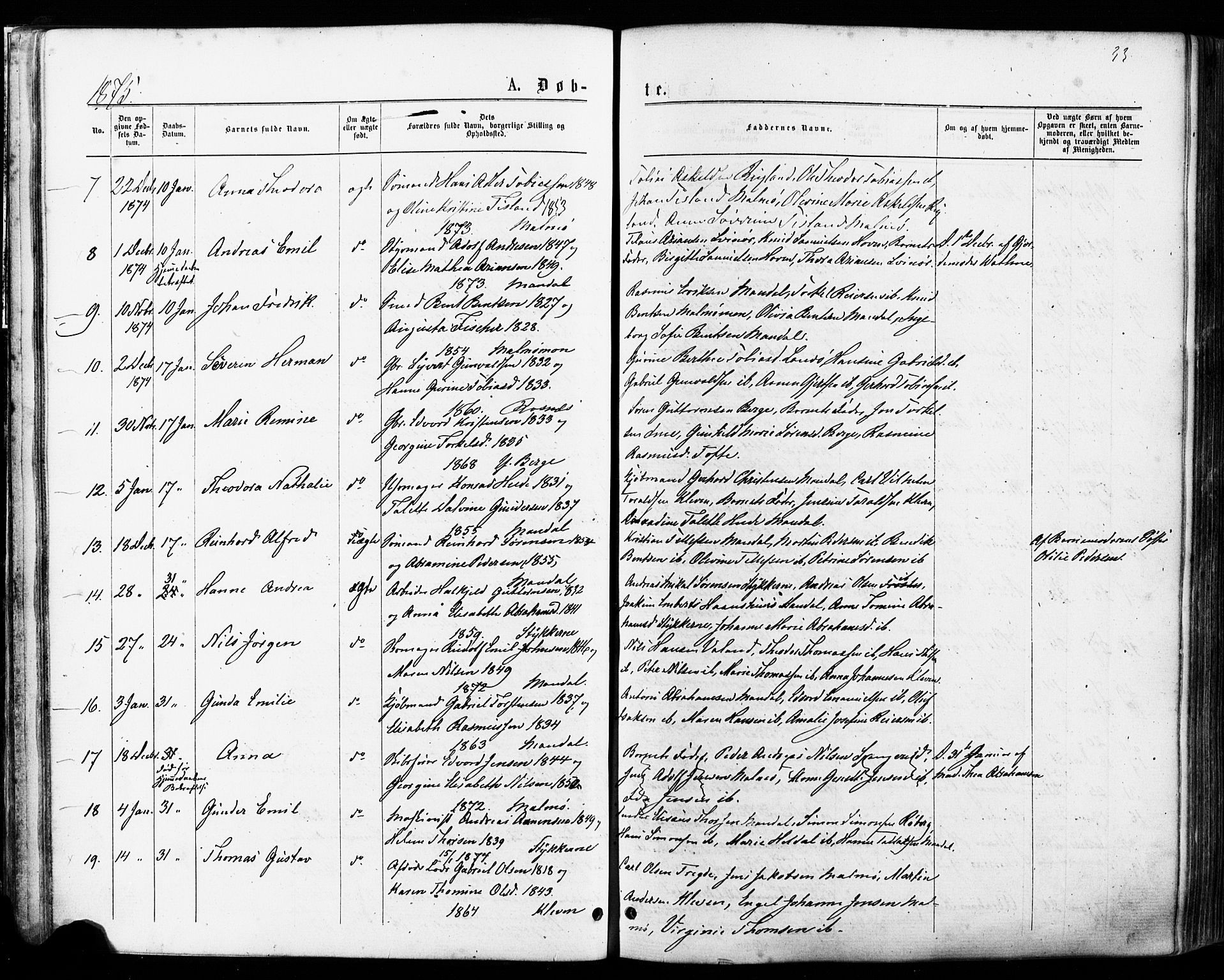 Mandal sokneprestkontor, SAK/1111-0030/F/Fa/Faa/L0015: Parish register (official) no. A 15, 1873-1879, p. 33