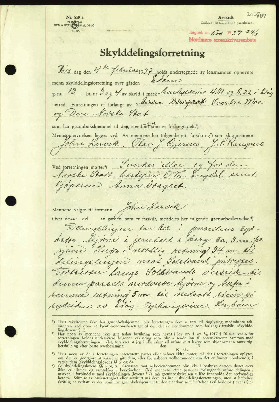 Nordmøre sorenskriveri, AV/SAT-A-4132/1/2/2Ca: Mortgage book no. A80, 1936-1937, Diary no: : 500/1937