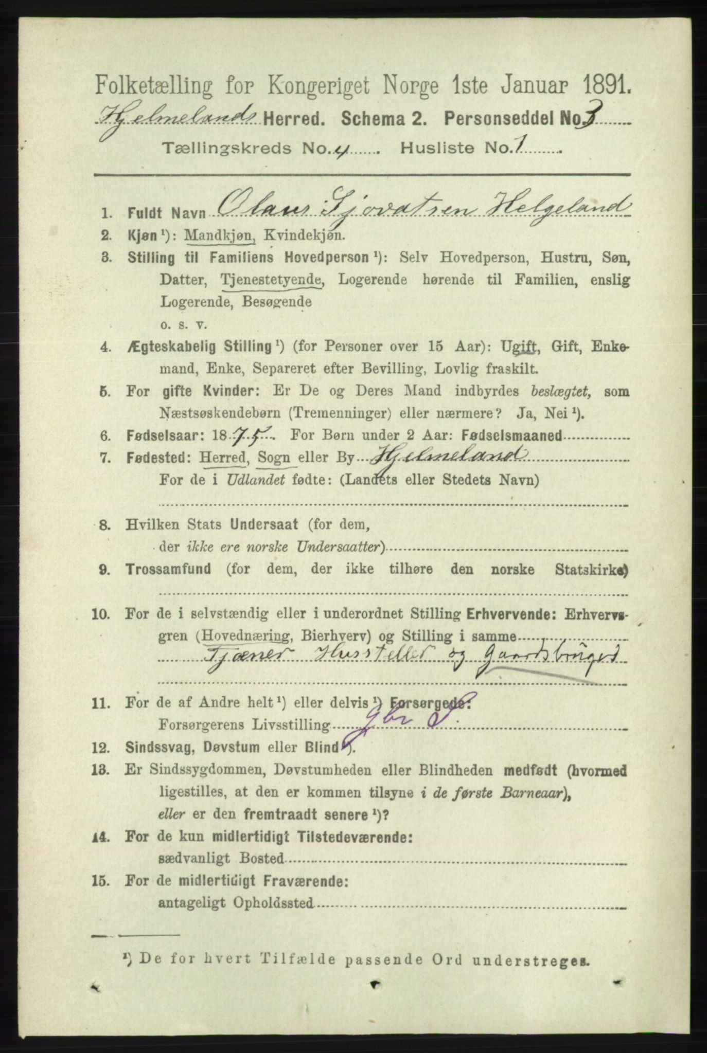 RA, 1891 census for 1133 Hjelmeland, 1891, p. 1002