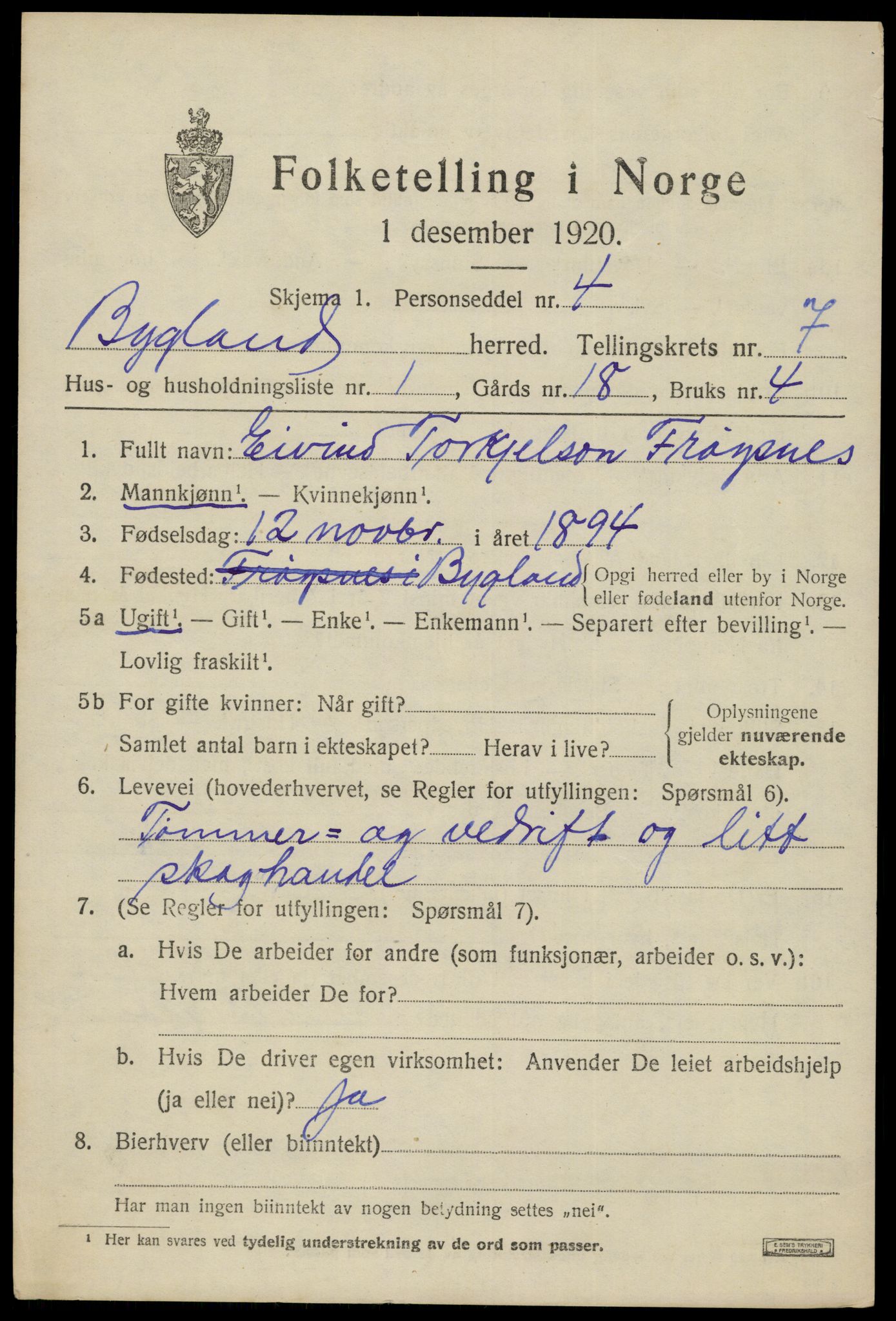 SAK, 1920 census for Bygland, 1920, p. 2625