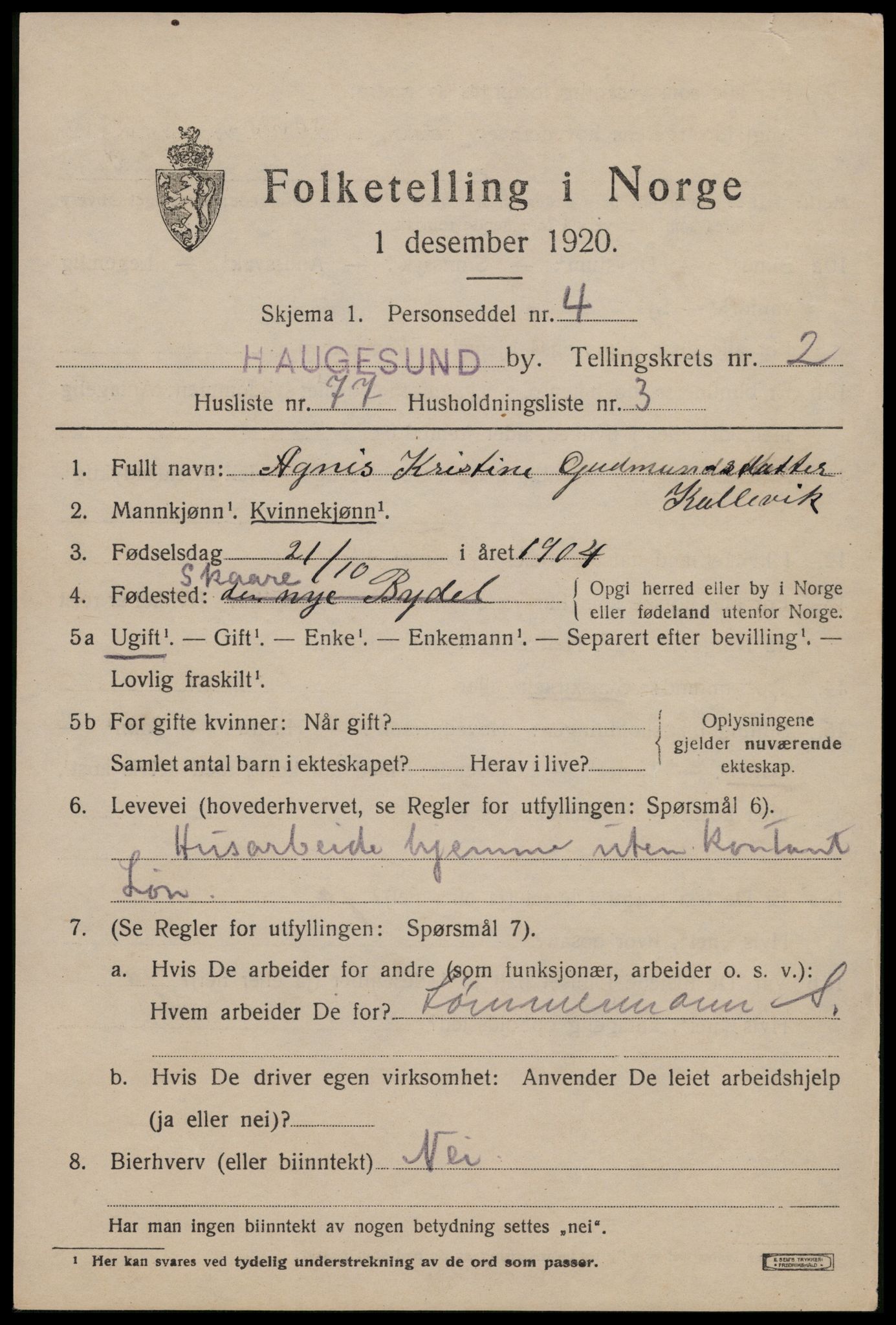 SAST, 1920 census for Haugesund, 1920, p. 14337