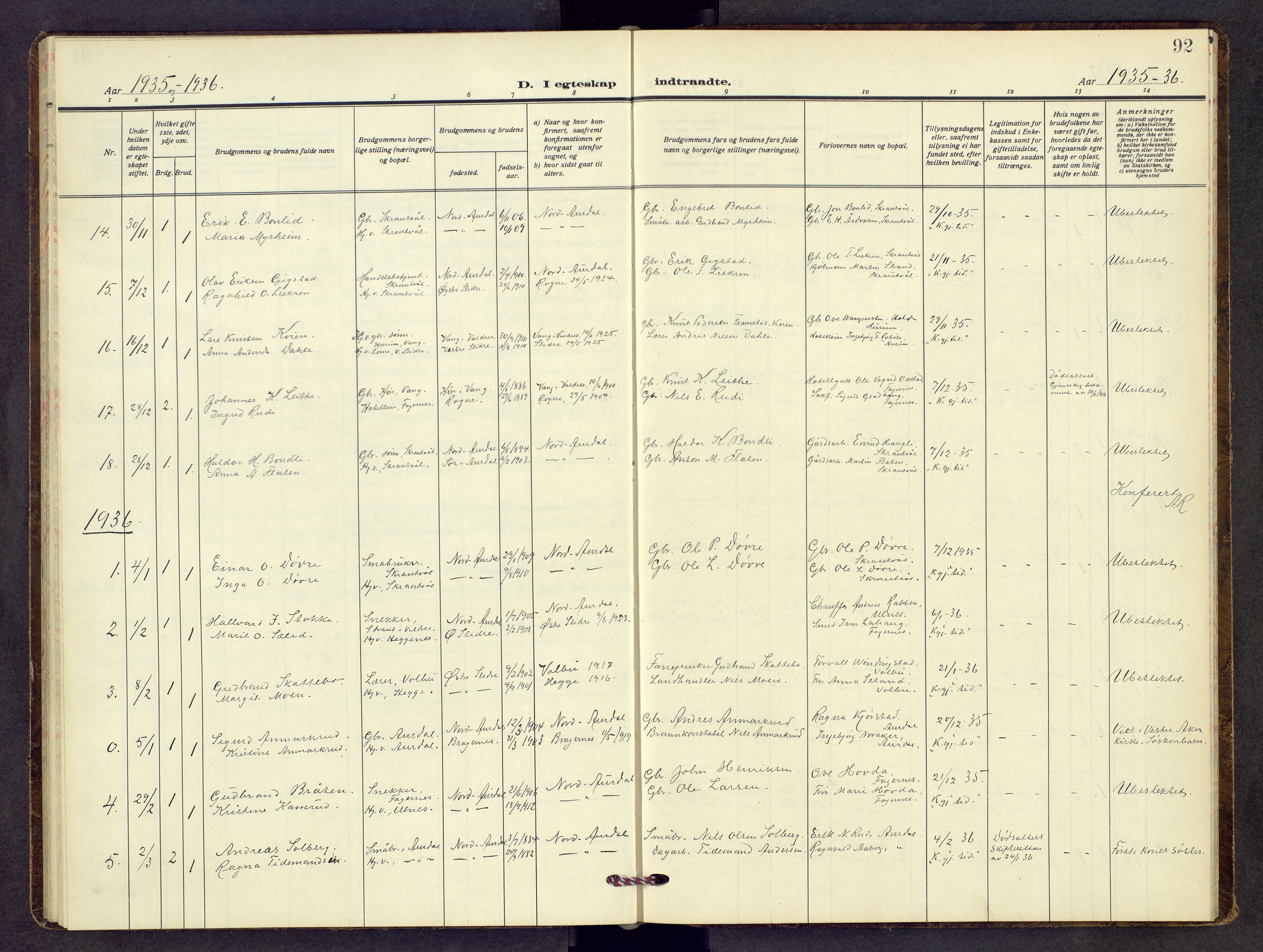 Nord-Aurdal prestekontor, SAH/PREST-132/H/Ha/Hab/L0017: Parish register (copy) no. 17, 1933-1946, p. 92