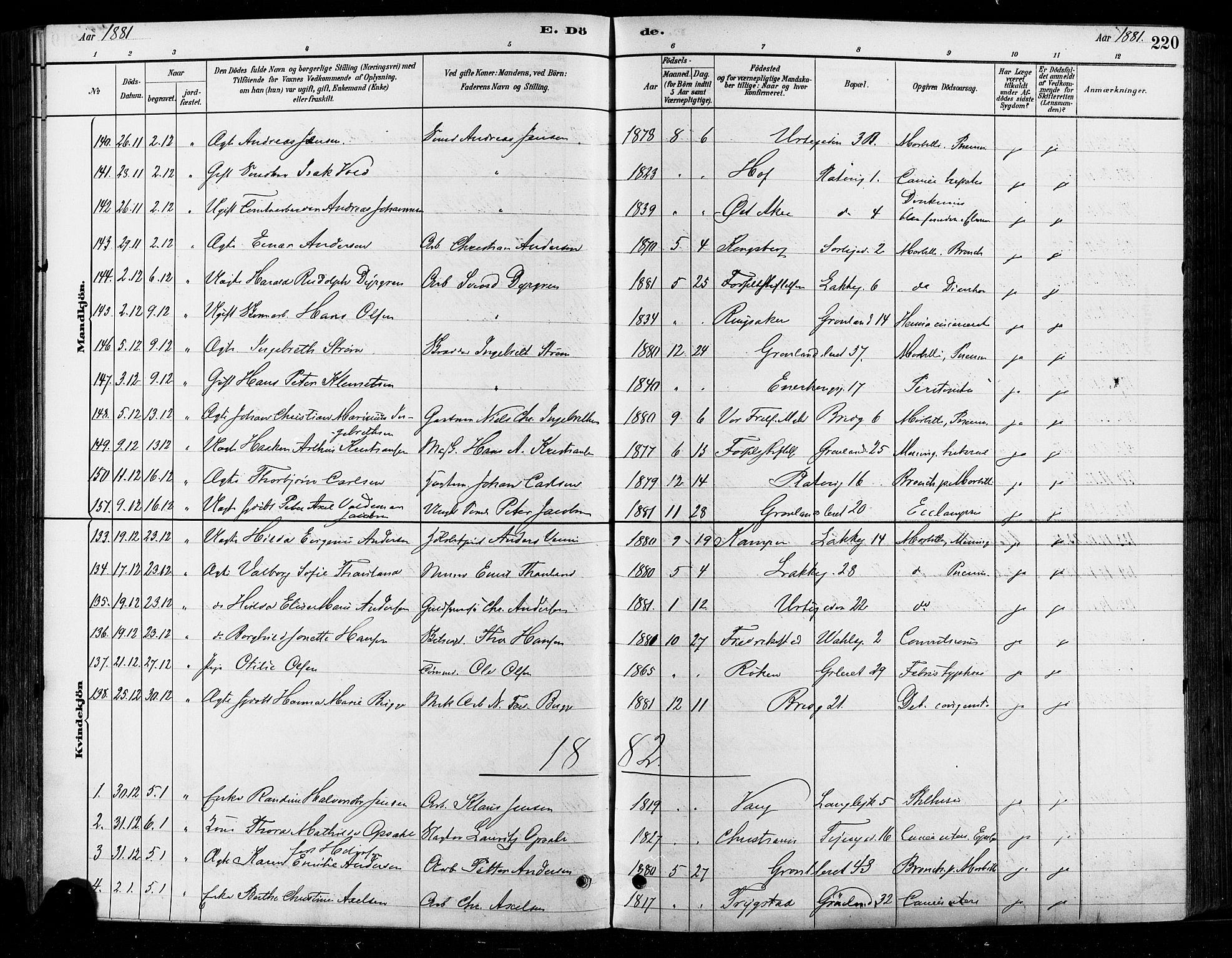 Grønland prestekontor Kirkebøker, SAO/A-10848/F/Fa/L0008: Parish register (official) no. 8, 1881-1893, p. 220