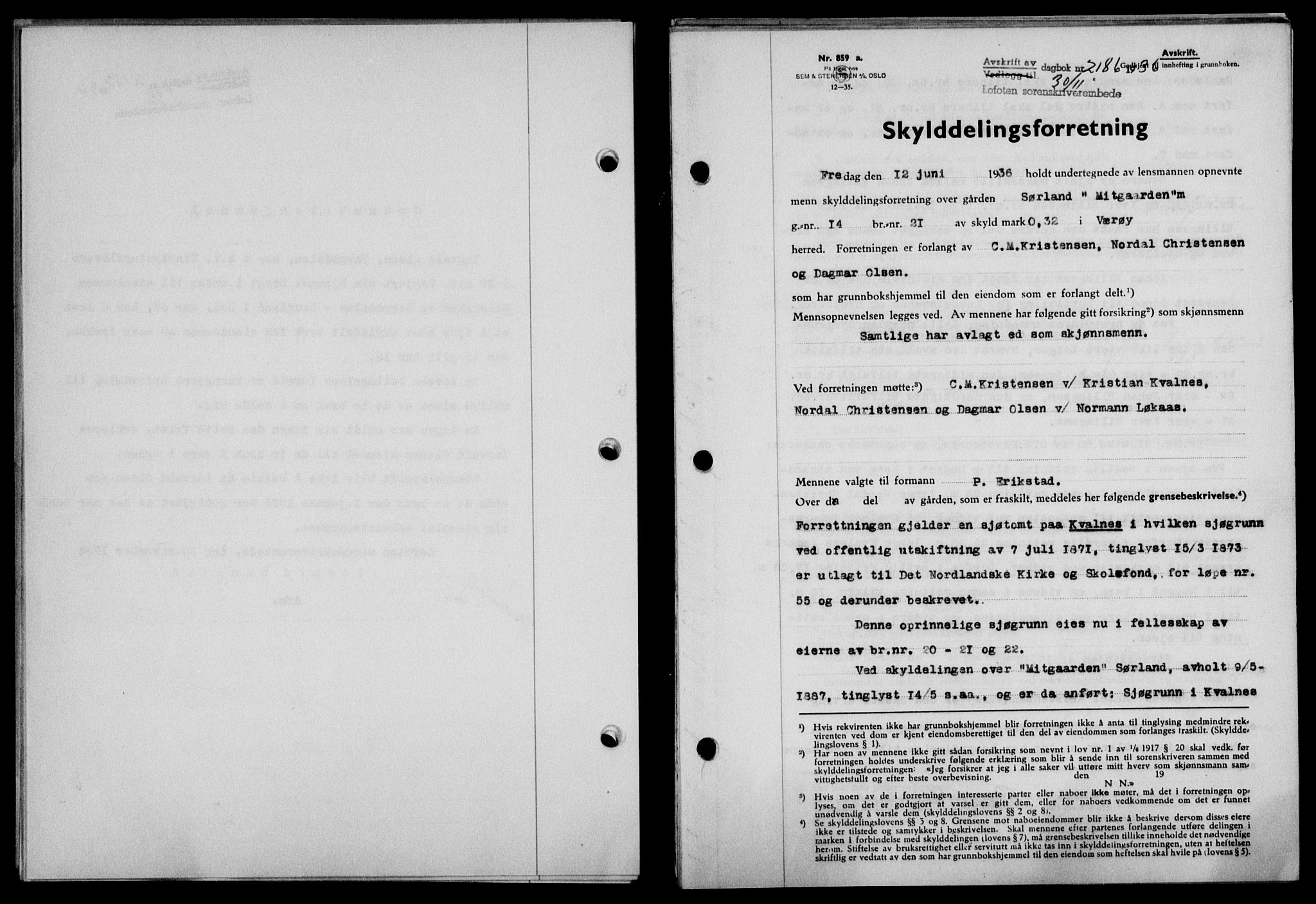 Lofoten sorenskriveri, SAT/A-0017/1/2/2C/L0001a: Mortgage book no. 1a, 1936-1937, Diary no: : 2186/1936