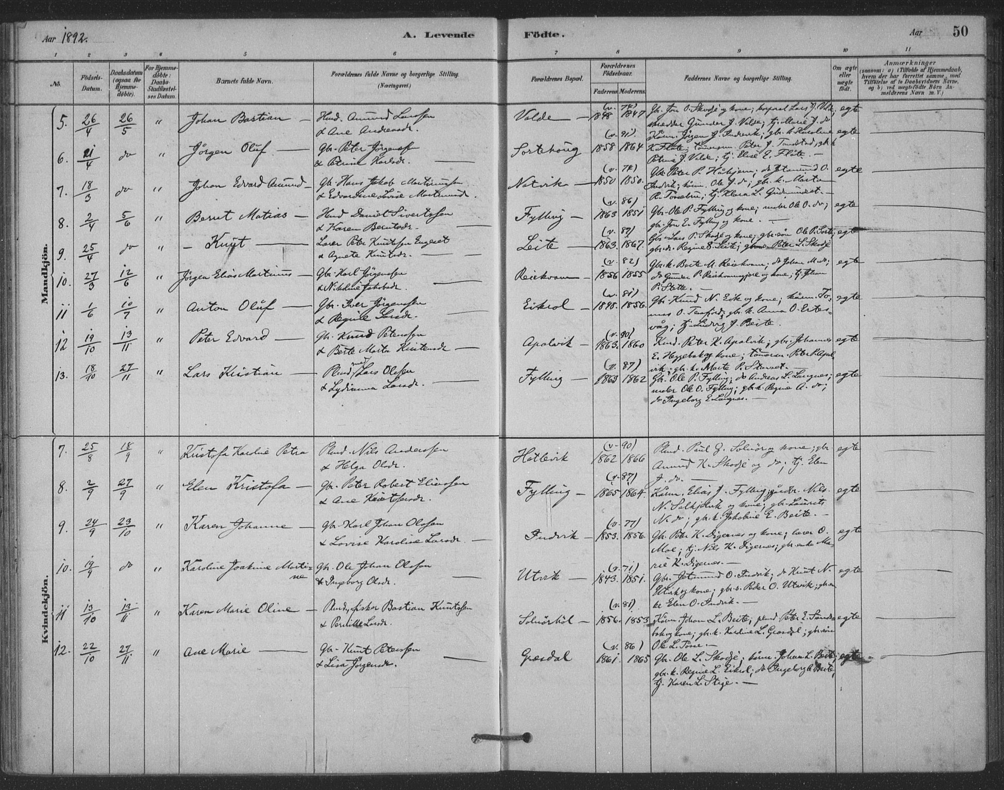 Ministerialprotokoller, klokkerbøker og fødselsregistre - Møre og Romsdal, SAT/A-1454/524/L0356: Parish register (official) no. 524A08, 1880-1899, p. 50
