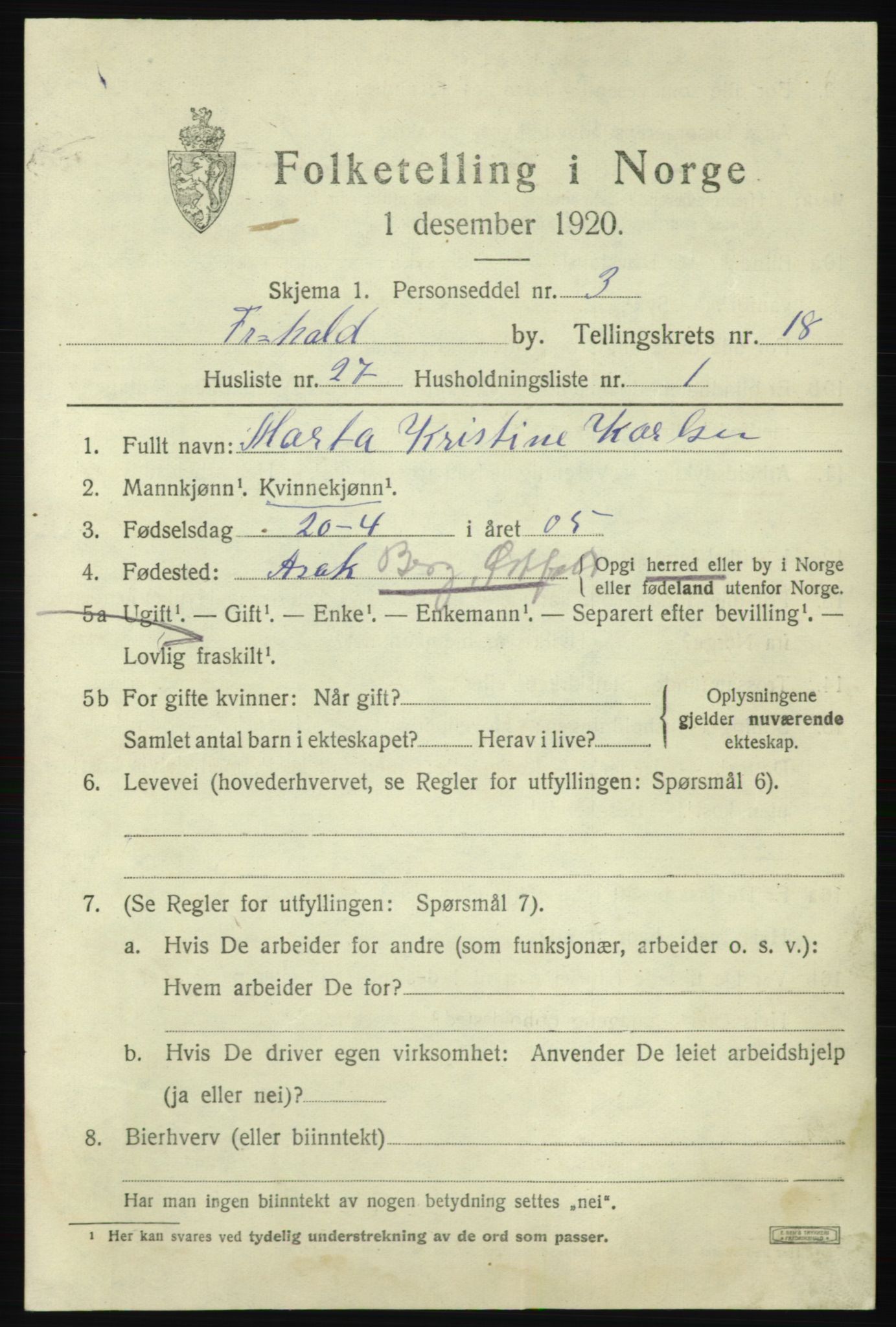 SAO, 1920 census for Fredrikshald, 1920, p. 27945