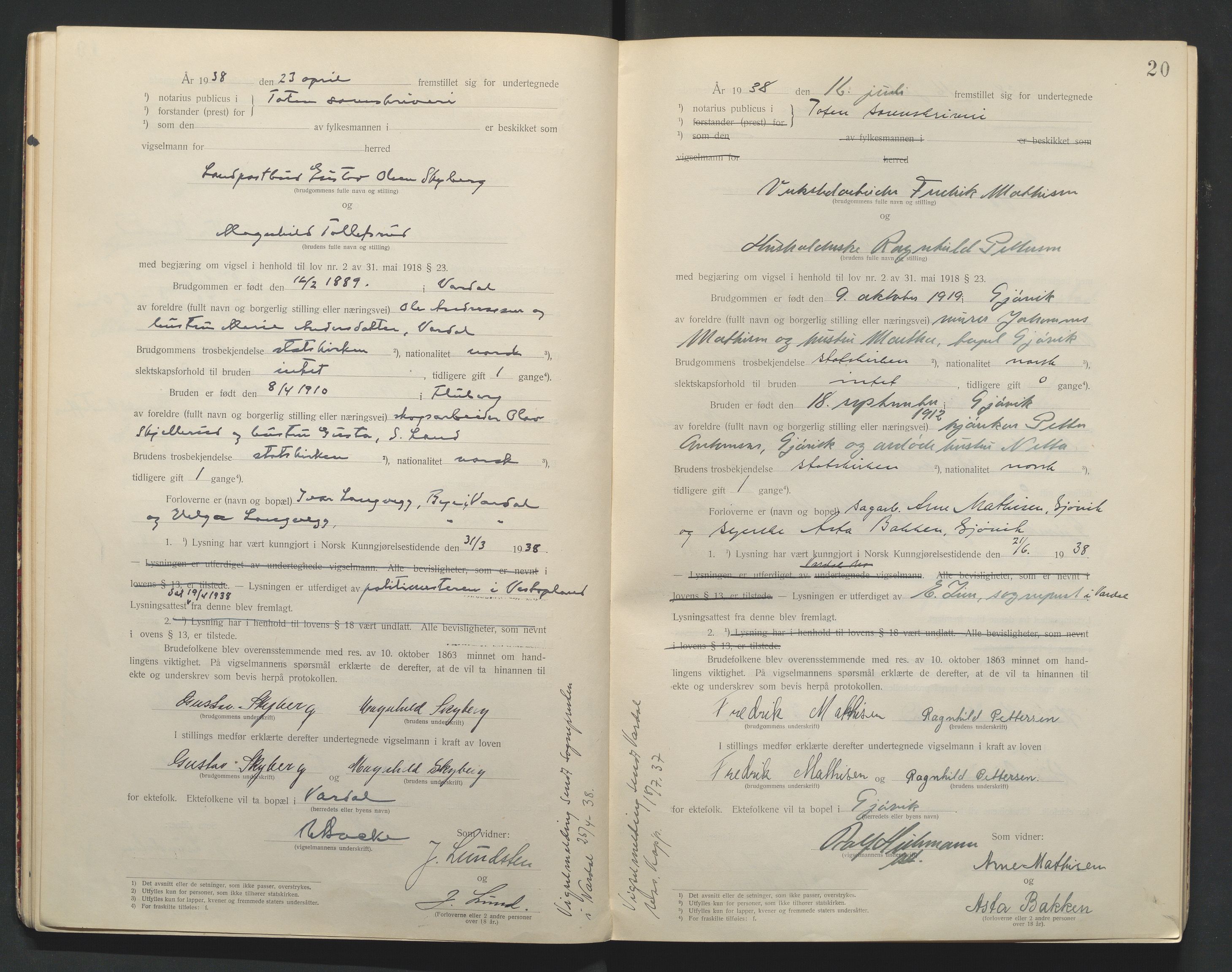 Toten tingrett, AV/SAH-TING-006/L/Lc/L0001: Vigselbok, 1920-1942, p. 20