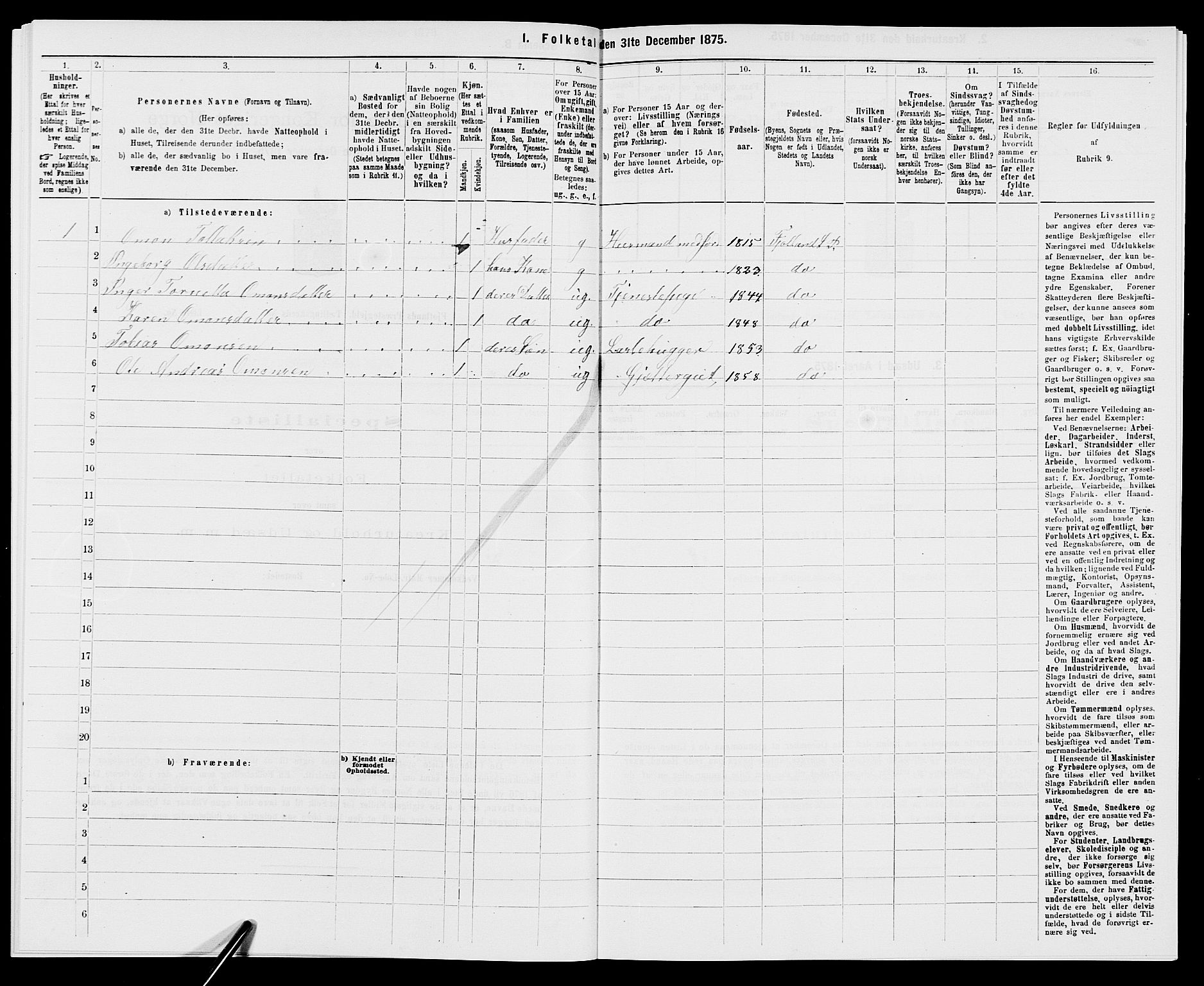 SAK, 1875 census for 1036P Fjotland, 1875, p. 376