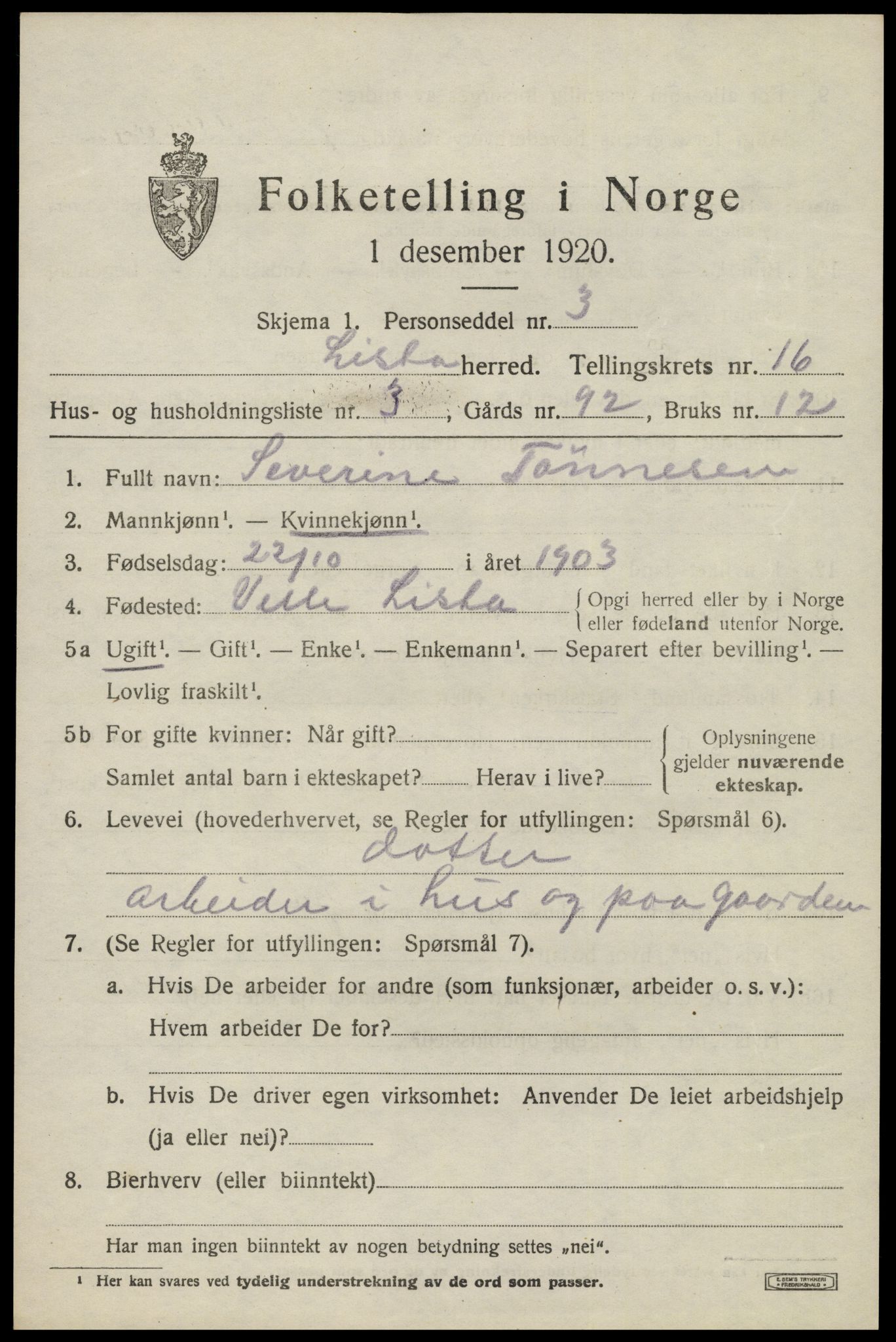SAK, 1920 census for Lista, 1920, p. 12955