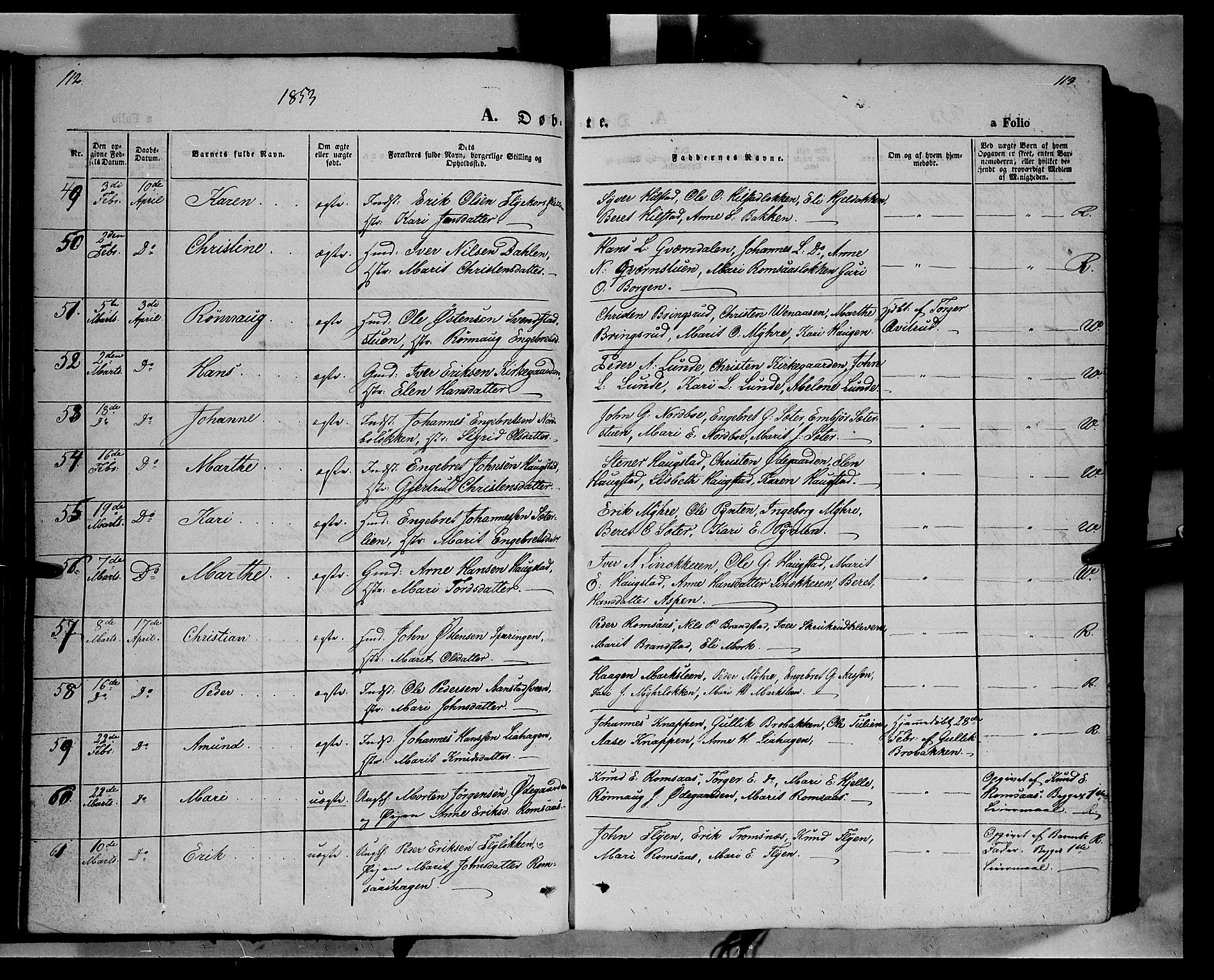 Ringebu prestekontor, SAH/PREST-082/H/Ha/Haa/L0006: Parish register (official) no. 6, 1848-1859, p. 112-113