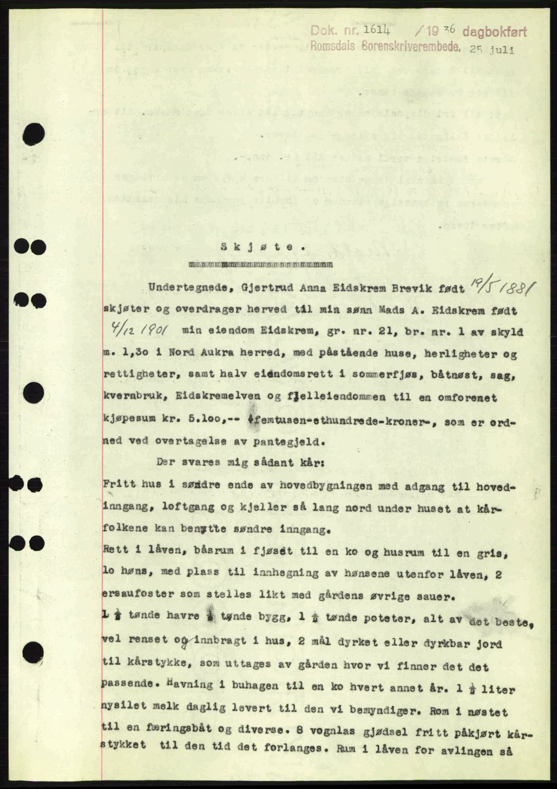 Romsdal sorenskriveri, AV/SAT-A-4149/1/2/2C: Mortgage book no. A1, 1936-1936, Diary no: : 1614/1936