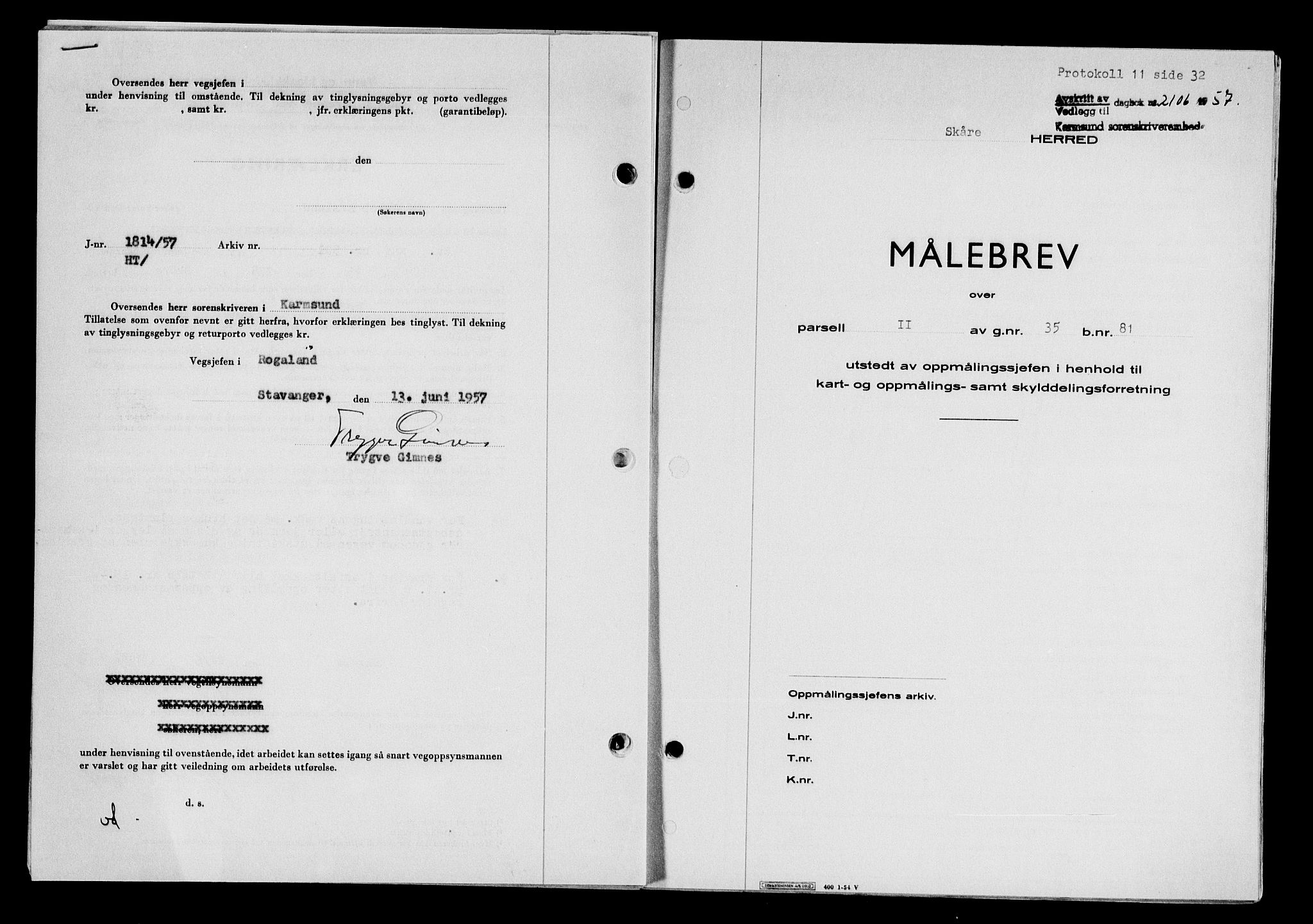 Karmsund sorenskriveri, AV/SAST-A-100311/01/II/IIB/L0125: Mortgage book no. 105A, 1957-1957, Diary no: : 2106/1957