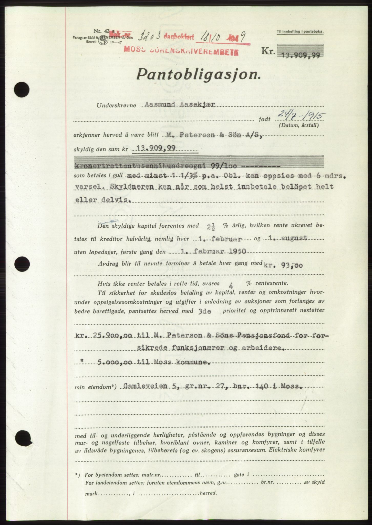 Moss sorenskriveri, SAO/A-10168: Mortgage book no. B23, 1949-1950, Diary no: : 3203/1949