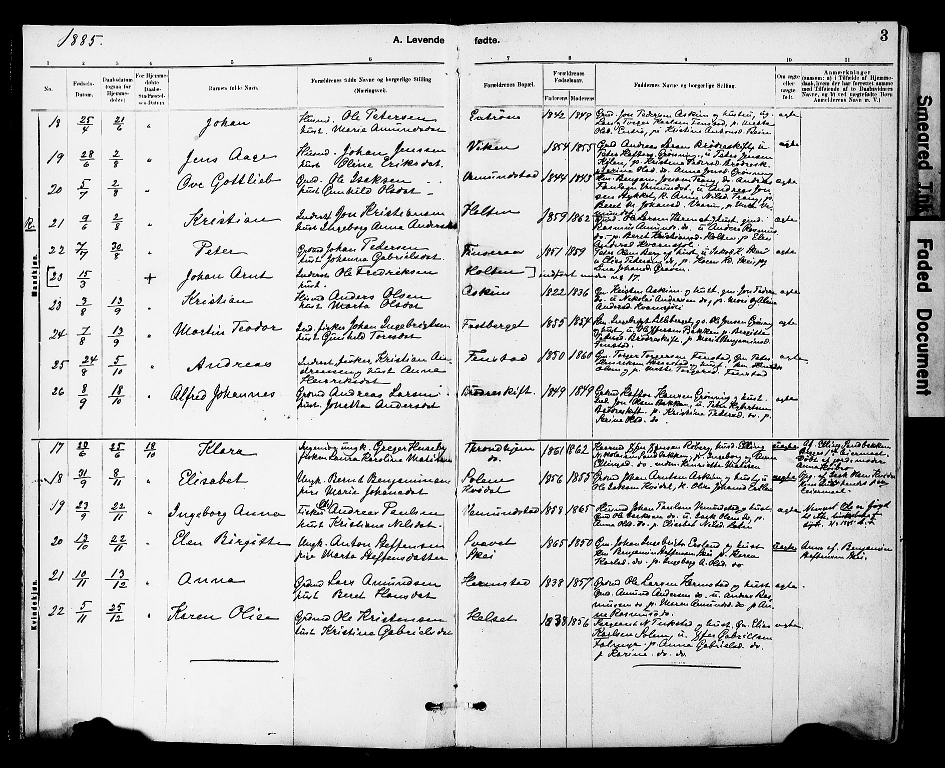 Ministerialprotokoller, klokkerbøker og fødselsregistre - Sør-Trøndelag, AV/SAT-A-1456/646/L0615: Parish register (official) no. 646A13, 1885-1900, p. 3