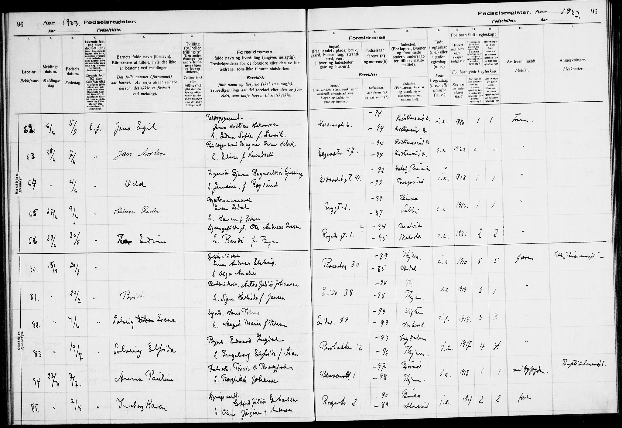 Ministerialprotokoller, klokkerbøker og fødselsregistre - Sør-Trøndelag, AV/SAT-A-1456/604/L0233: Birth register no. 604.II.4.2, 1920-1928, p. 96