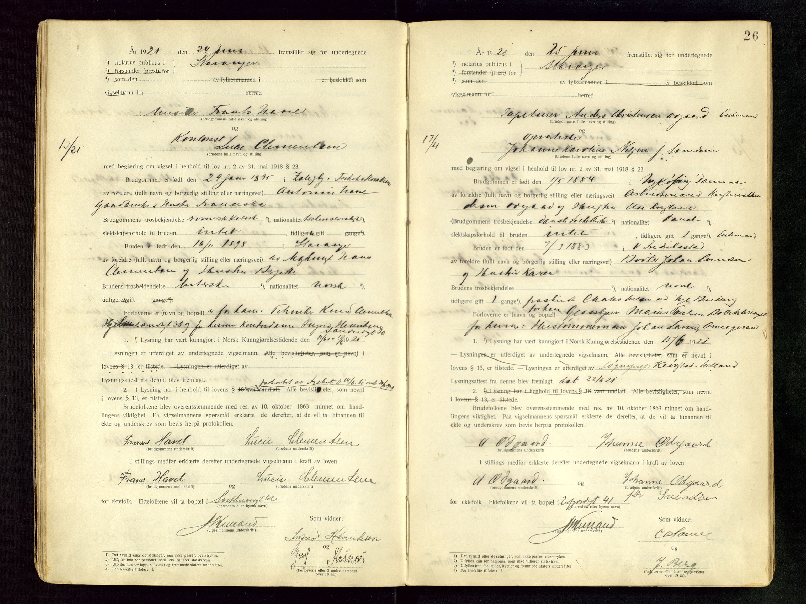 Stavanger byfogd, AV/SAST-A-101408/001/6/62/62BB/L0001: Vigselsprotokoll, 1920-1926, p. 26