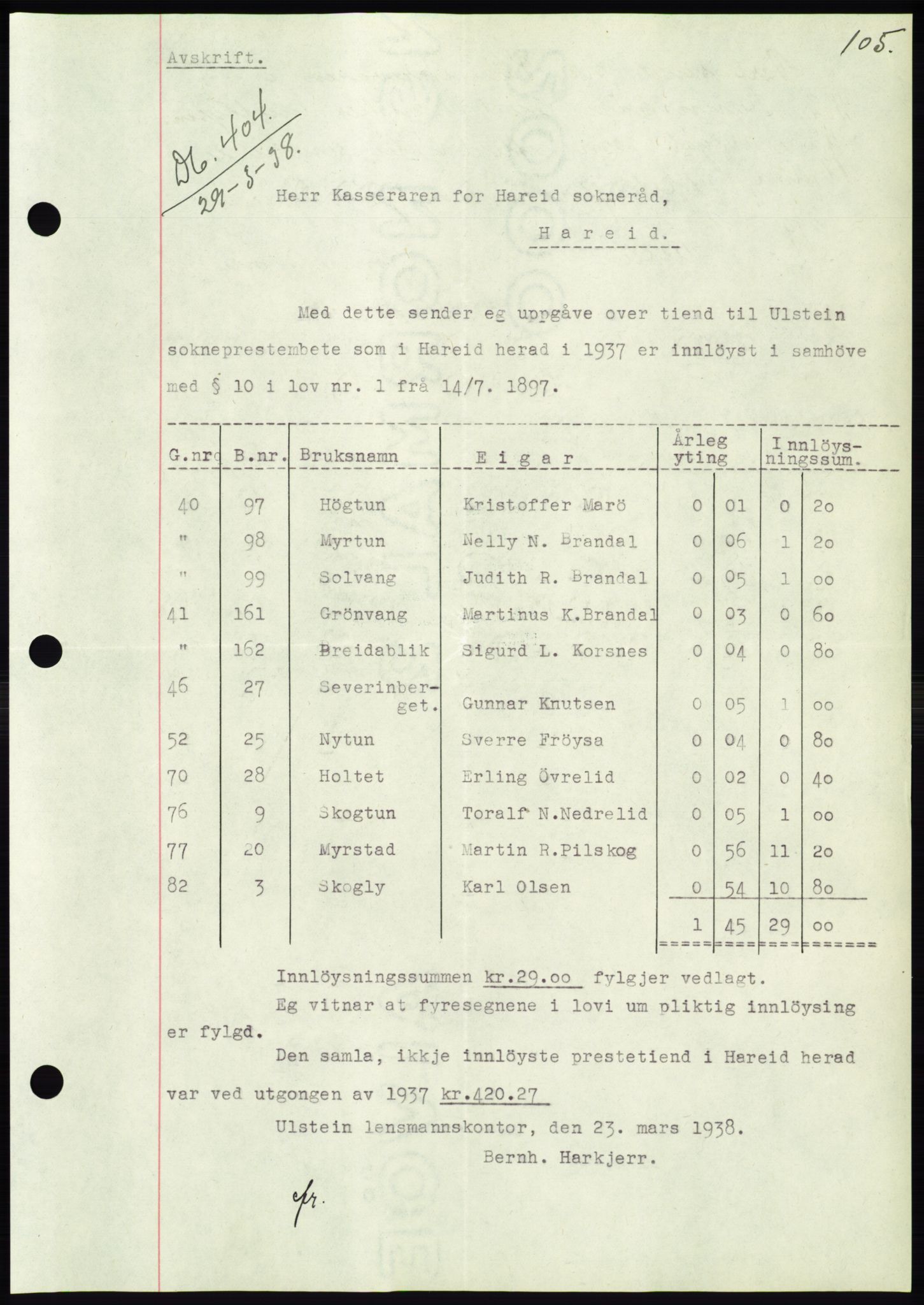 Søre Sunnmøre sorenskriveri, AV/SAT-A-4122/1/2/2C/L0065: Mortgage book no. 59, 1938-1938, Diary no: : 404/1938