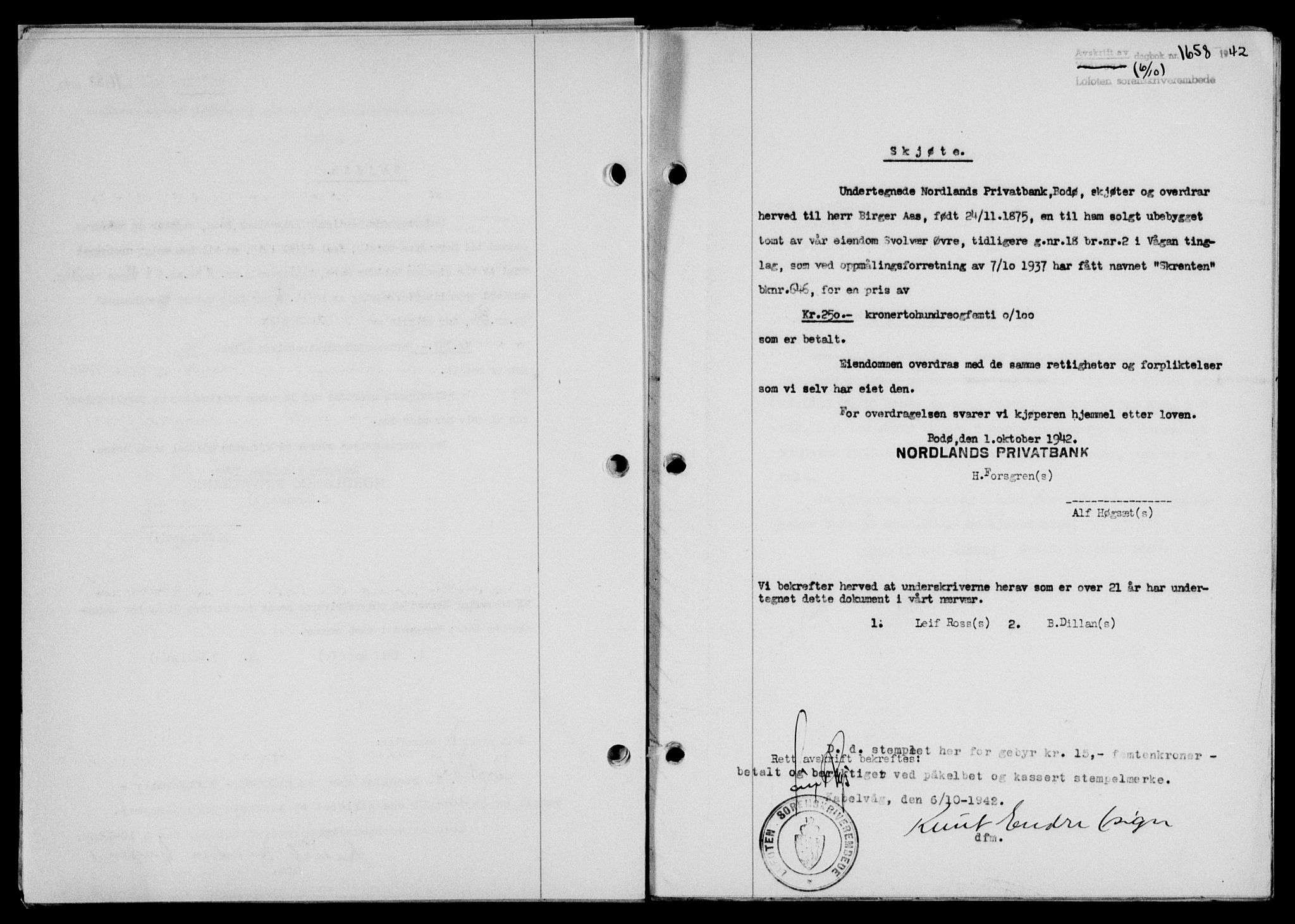 Lofoten sorenskriveri, SAT/A-0017/1/2/2C/L0010a: Mortgage book no. 10a, 1942-1943, Diary no: : 1658/1942
