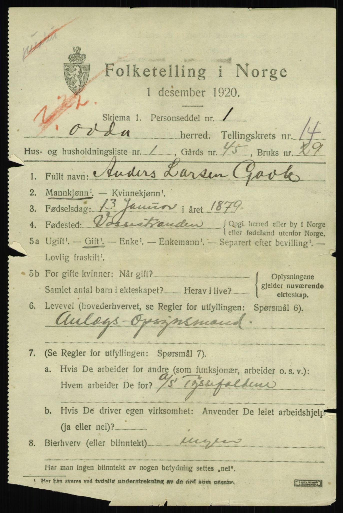 SAB, 1920 census for Odda, 1920, p. 11945